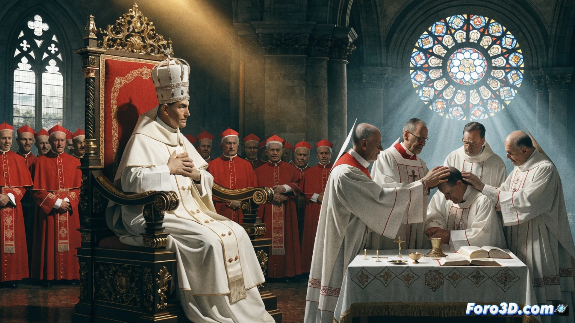 Baroque cathedral interior during tense standoff, traditionalist priest in black cassock reaching for golden chalice on altar while papal seal document floats mid-air between them, broken communion wafer fragments scattering on marble floor, dramatic chiaroscuro lighting from stained glass windows casting colored shadows, photorealistic cinematic style, ultra-detailed liturgical vestments, tension visible in hands and faces, smoke from extinguished candles curling upward, technical illustration of ecclesiastical authority and schism