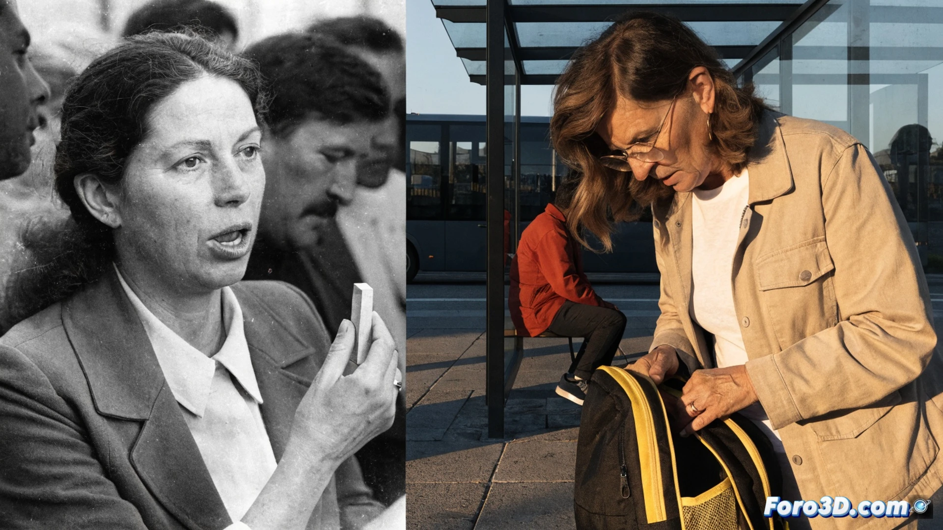 fotografía en papel satinado de 1974 siendo examinada bajo una lupa de joyero sobre una mesa de madera, junto a un teléfono inteligente mostrando una publicación en redes sociales, una vecina con gafas de lectura sostiene la imagen mientras señala la pantalla, fondo de calle urbana con parada de autobús y la silueta del palacio de la Aljafería al atardecer, iluminación cálida de lámpara de escritorio, estilo cinematográfico realista, textura granulada de la foto antigua contrastando con el brillo de la pantalla digital, detalles de honestidad y acción de búsqueda ciudadana, photorealistic cinematic render