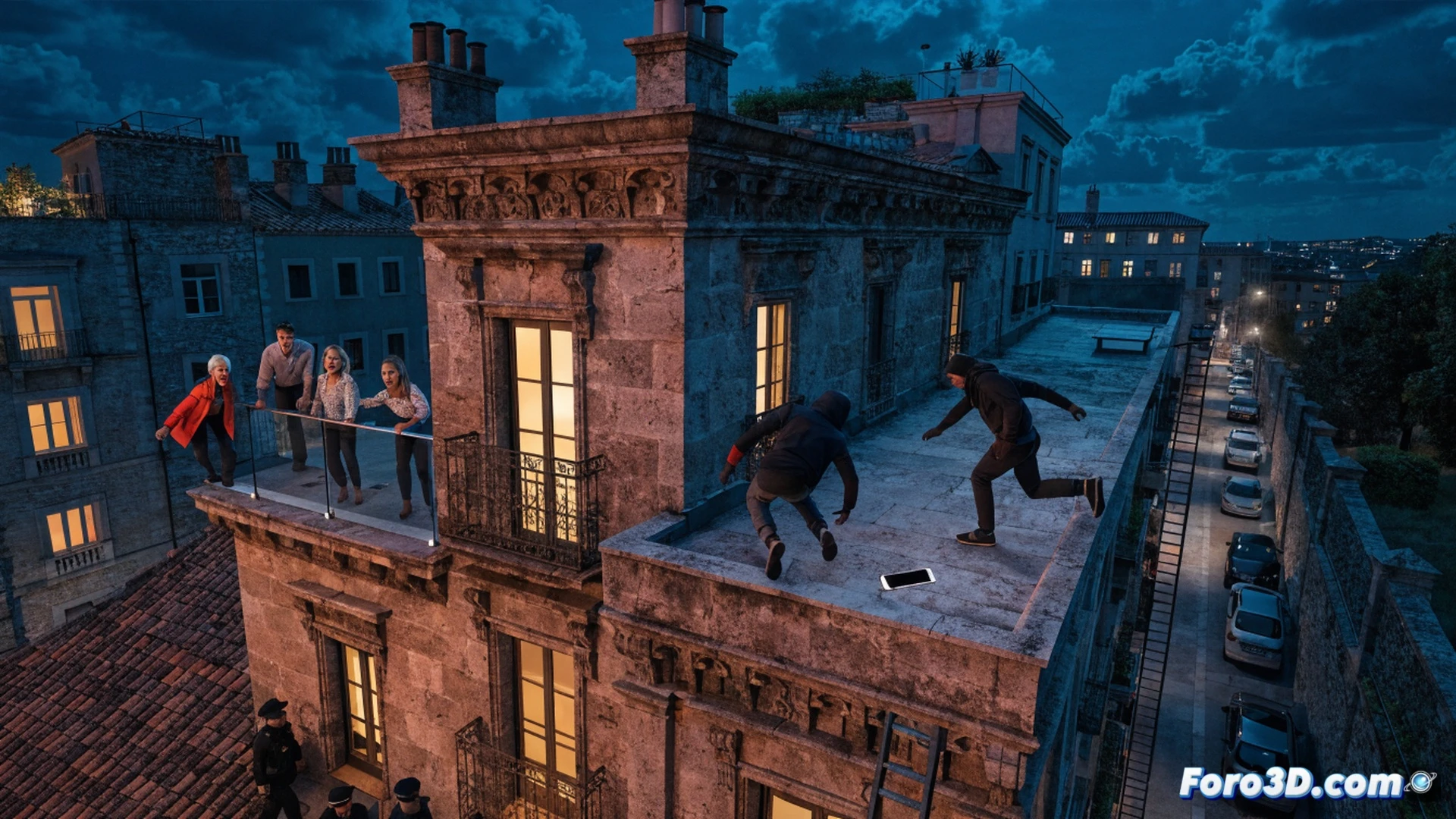 three masked burglars fleeing across a tiled rooftop at night, one dropping a smartphone on the sloped terrace, neighbors shouting from adjacent windows while pointing, police flashlight beams sweeping the scene, technical crime reconstruction style, cinematic photorealistic render, motion blur on running figures, glowing screen of abandoned phone on ceramic tiles, security camera silhouette in background, dramatic blue and orange street lighting, ultra-detailed architectural textures, realistic urban night atmosphere