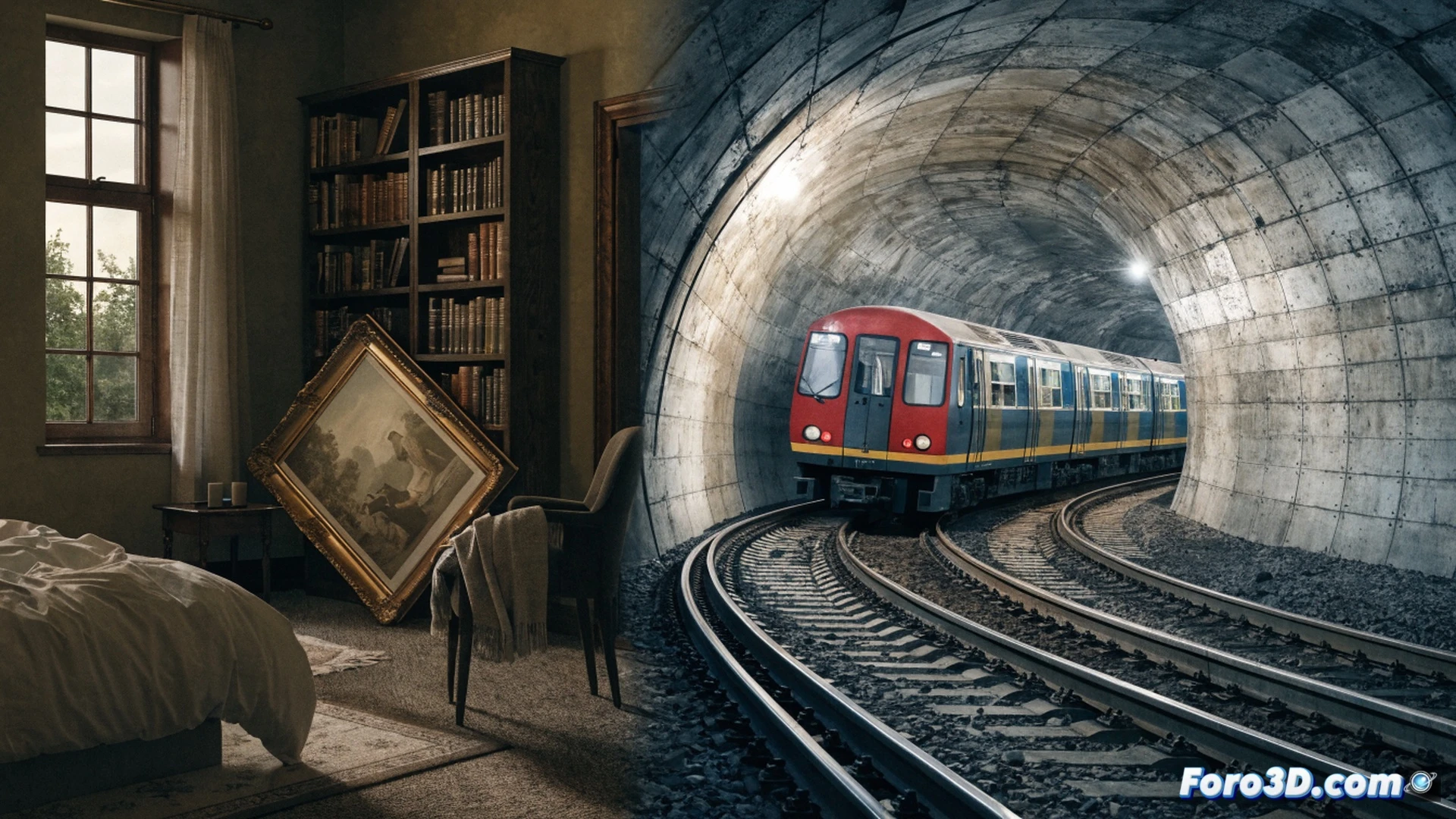 Adoquín residencial temblando durante paso del metro subterráneo, cuadro cayendo de pared agrietada, vibraciones visibles como ondas en un vaso de agua sobre mesa, rieles curvos pulidos con herramienta de desgaste TfL, durmiendo pareja despertándose abruptamente a las 5 AM, reloj despertador digital mostrando hora, corte transversal del suelo mostrando capas de tierra y túnel de hormigón, tren Northern Line pasando por curva cerrada, ingenieros midiendo vibraciones con acelerómetro portátil, fotorealista cinematográfica, iluminación tenue de amanecer mezclada con luz artificial del metro, texturas de ladrillo y asfalto desgastado, ángulo bajo dramático, estilo documental técnico.
