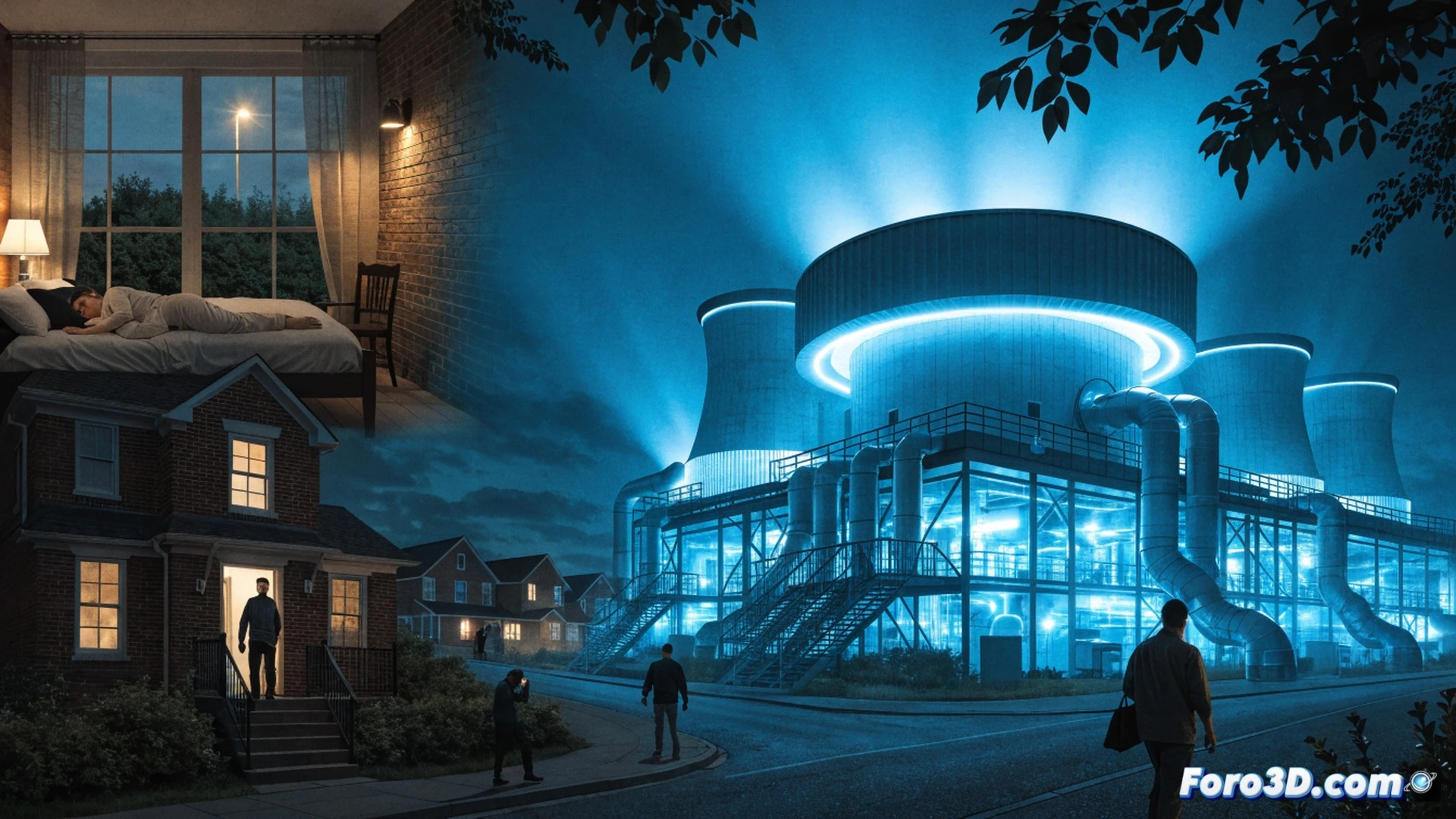 aerial view of suburban homes at night, bright blue glow from a massive data center 1.5 miles away, towering cooling fans and exhaust vents emitting visible heat haze, constant humming vibration shown as wavy sound lines distorting the air, residents in backyards shielding eyes from glare while pointing at the facility, cinematic photorealistic rendering, hyper-detailed industrial architecture, dramatic contrast between dark residential roofs and harsh artificial light, cool blue and warm orange lighting, deep shadows, ultra-sharp technical illustration style