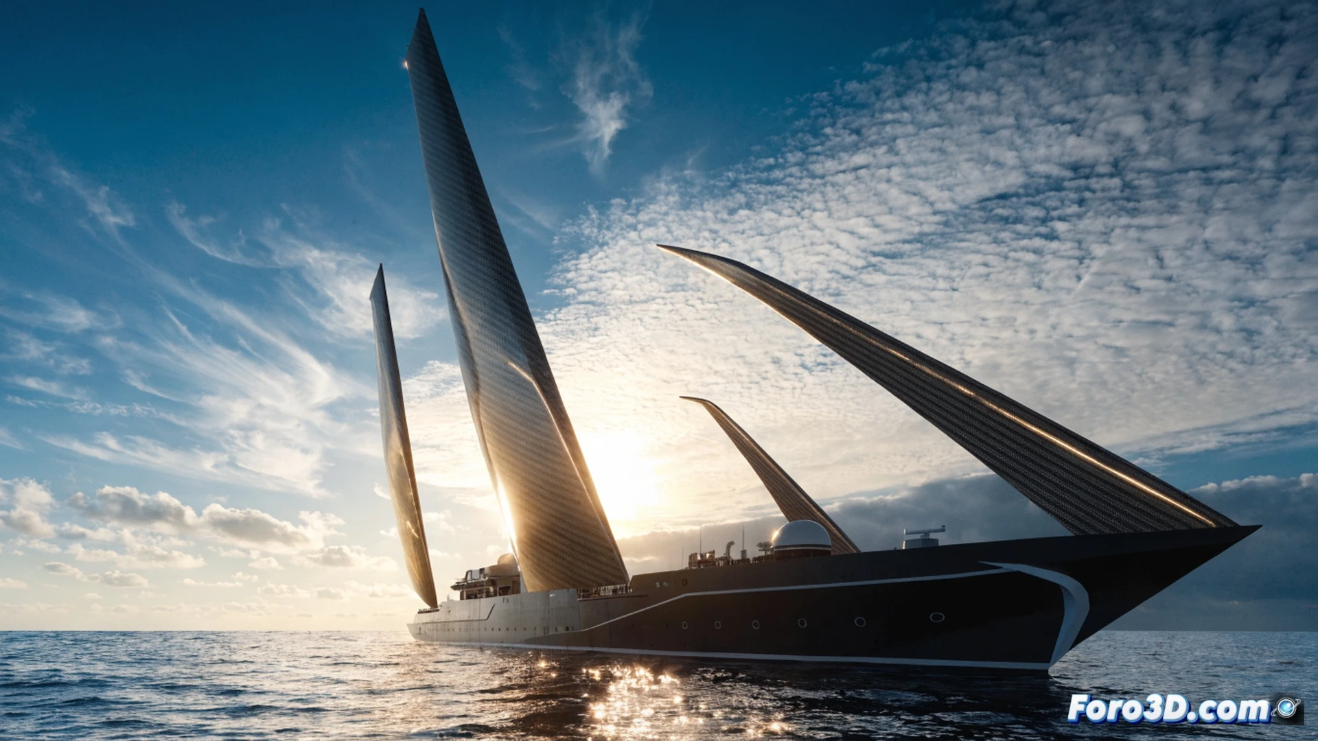 large cargo ship with vertical rigid carbon-fiber sails resembling airplane wings, automated rotation mechanism adjusting sail angle during ocean crossing, digital control panel showing wind speed and fuel reduction data, technical engineering visualization, photorealistic render, dramatic sunset lighting over rough sea, metallic sail surface reflecting light, motion blur on waves, ultra-detailed mechanical joints and hydraulic actuators, clean industrial aesthetic, cinematic composition