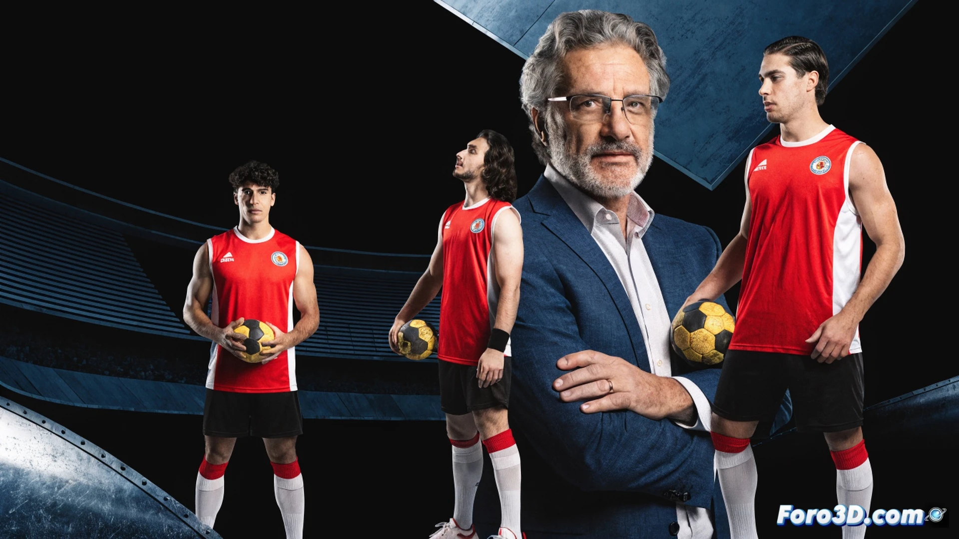 Balonmanista lanzando a portería desde el extremo derecho, portero volando para detener el balón, tres jugadores del Dicorpebal Logroño en posiciones de ataque con camiseta roja y blanca, entrenador Miguel Velasco señalando tácticas desde la banda con pizarra técnica en mano, pabellón lleno de aficionados con banderas regionales, marcador electrónico mostrando tiempo de partido, iluminación dramática desde focos superiores, sudor y tensión muscular visibles, photorealistic cinematic sports photography, alta definición, movimiento congelado, profundidad de campo reducida, colores saturados.