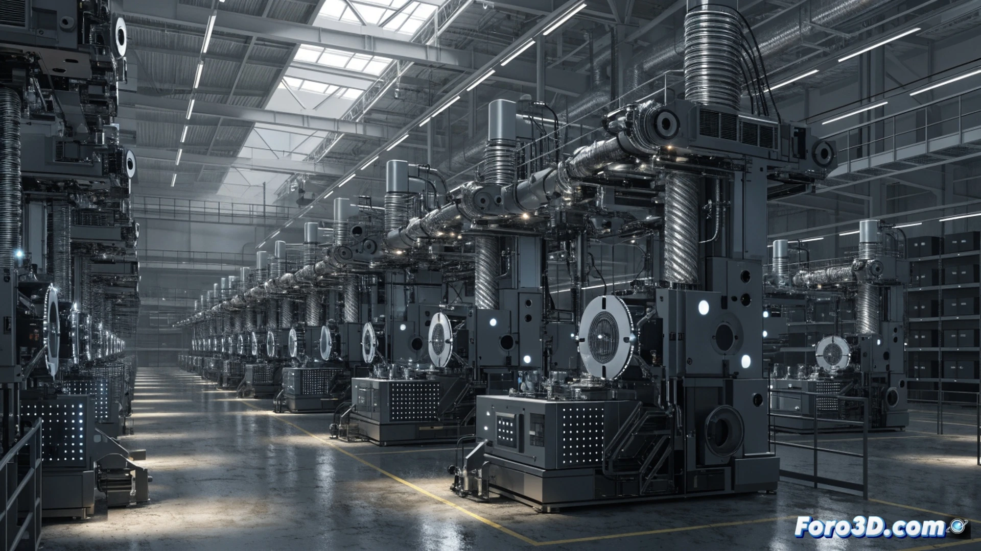 Vista interior de una megafábrica iluminada con luz azul industrial, 40 impresoras 3D metálicas operando simultáneamente, brazos robóticos extrayendo piezas aeroespaciales de titanio de las cámaras de construcción, polvo metálico fino suspendido en el aire mientras láseres funden capas de aleación, técnicos con gafas de seguridad inspeccionando componentes de motor de cohete sobre mesas de medición, grúas aéreas transportando piezas terminadas hacia zonas de ensamblaje, suelo reflectante con líneas de seguridad amarillas, estilo cinematográfico fotorrealista, iluminación dramática de alto contraste, profundidad de campo amplia, texturas metálicas ultra detalladas, vapor criogénico saliendo de sistemas de refrigeración