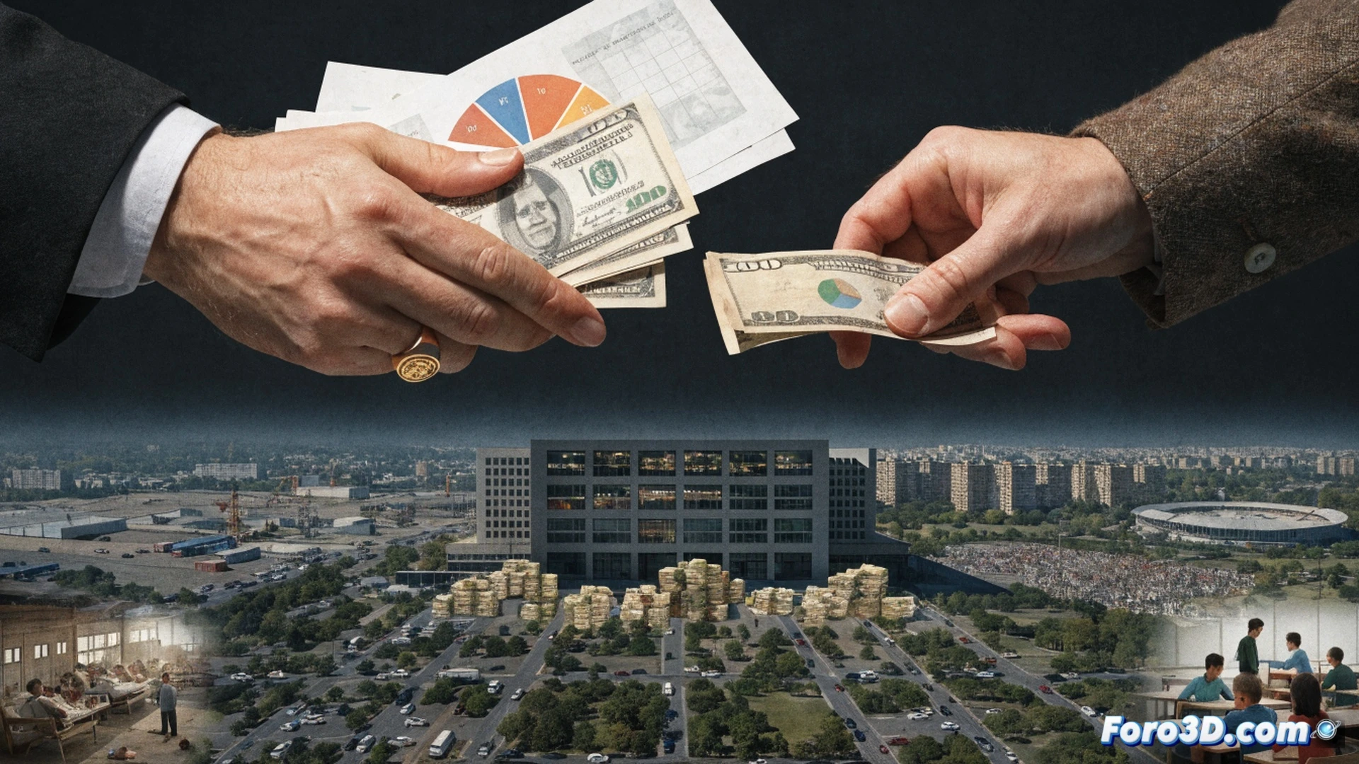 Photorealistic cinematic scene of a government office, a transparent glass desk showing a stream of glowing tax coins diverting from labelled folders marked health and education into a private briefcase held by a suited figure, laptop screen displaying misallocated budget graphs, security camera with red blinking light angled down, dramatic chiaroscuro lighting, shadows stretching across marble floor, scattered official documents with faded seals, technical illustration style, ultra-detailed textures, forensic investigative atmosphere