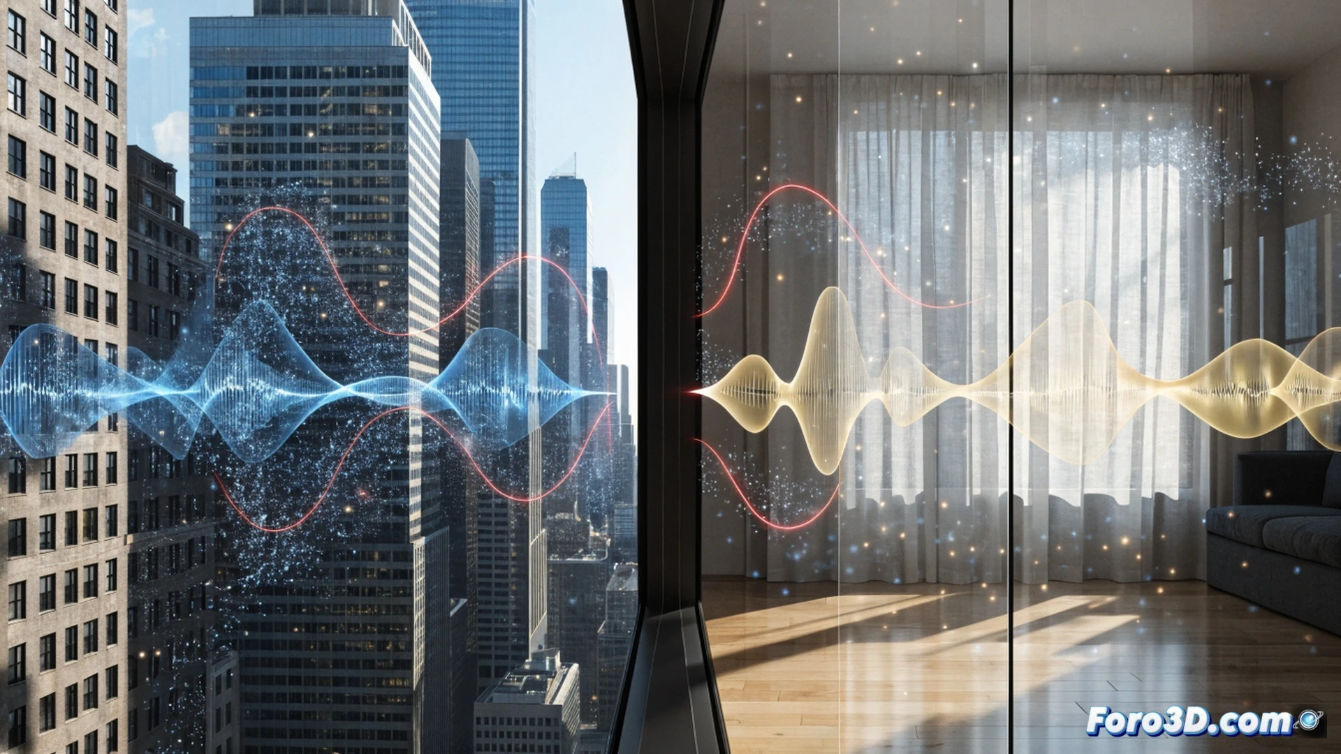 double-glazed window cross-section during active noise cancellation, glass pane vibrating with visible sound waves approaching from outside, embedded piezoelectric sensors detecting vibrations while micro-actuators generate counter-vibrations from the inner pane, oscilloscope waveform display showing phase inversion process, glowing blue anti-noise waves meeting and canceling red noise waves mid-air, urban traffic visible through the window with blurred cars and streetlights, technical engineering visualization, photorealistic render, cinematic macro lens, glass reflections with subtle interference patterns, ultra-detailed mechanical components and wiring inside the frame