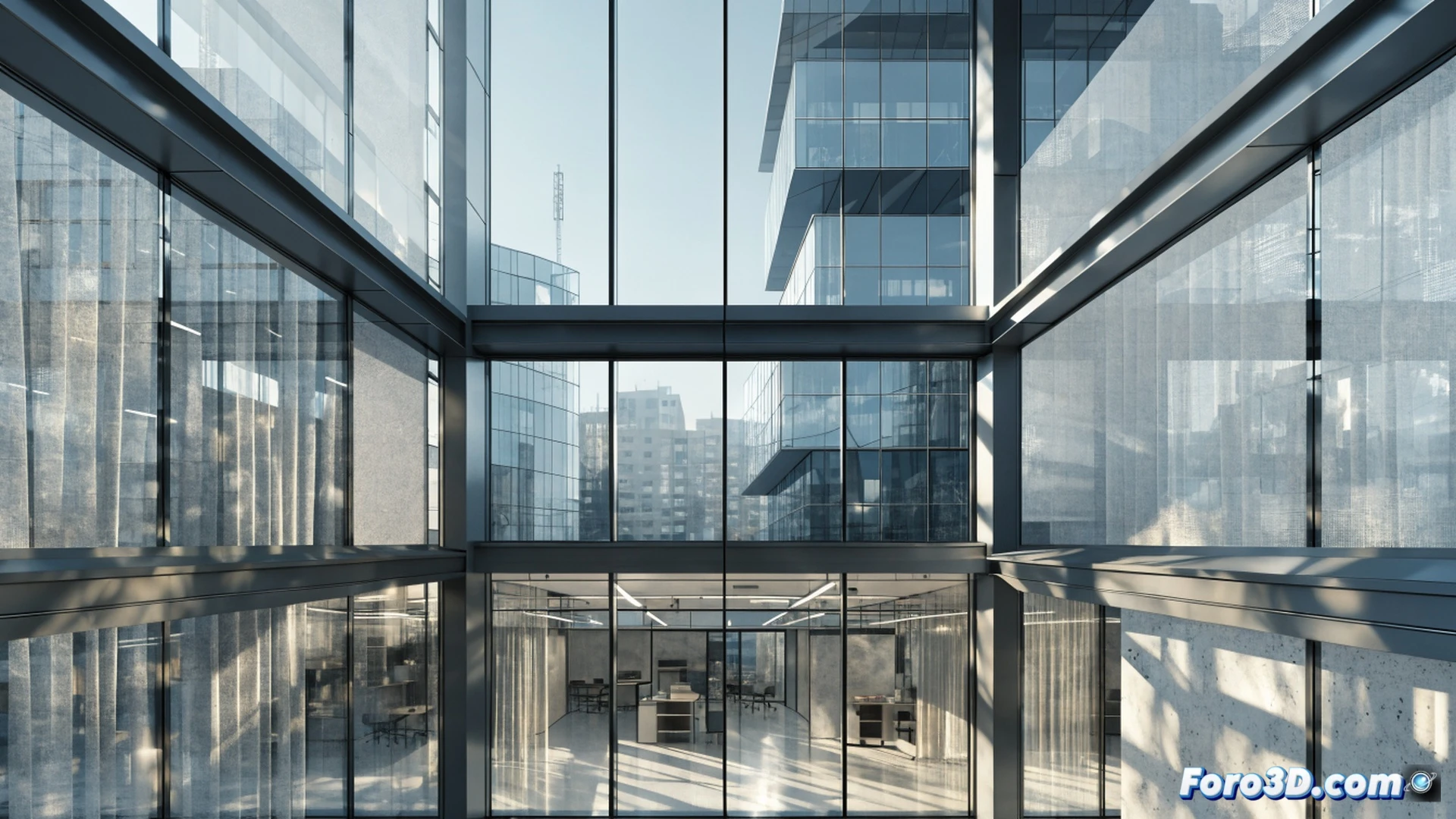 Fachada de vidrio moderno con paneles de perovskita semitransparentes, luz solar natural atravesando las ventanas mientras paneles integrados generan energía, ingeniero ajustando parámetros en tableta con diagrama de eficiencia energética, interior de oficina con iluminación neutra sin sombras molestas, demostración de proceso fotovoltaico con flujos de electrones visibles en corte transversal del vidrio, estilo cinematic photorealistic architectural visualization, iluminación natural equilibrada, texturas de vidrio y marco metálico detalladas, render técnico hiperrealista