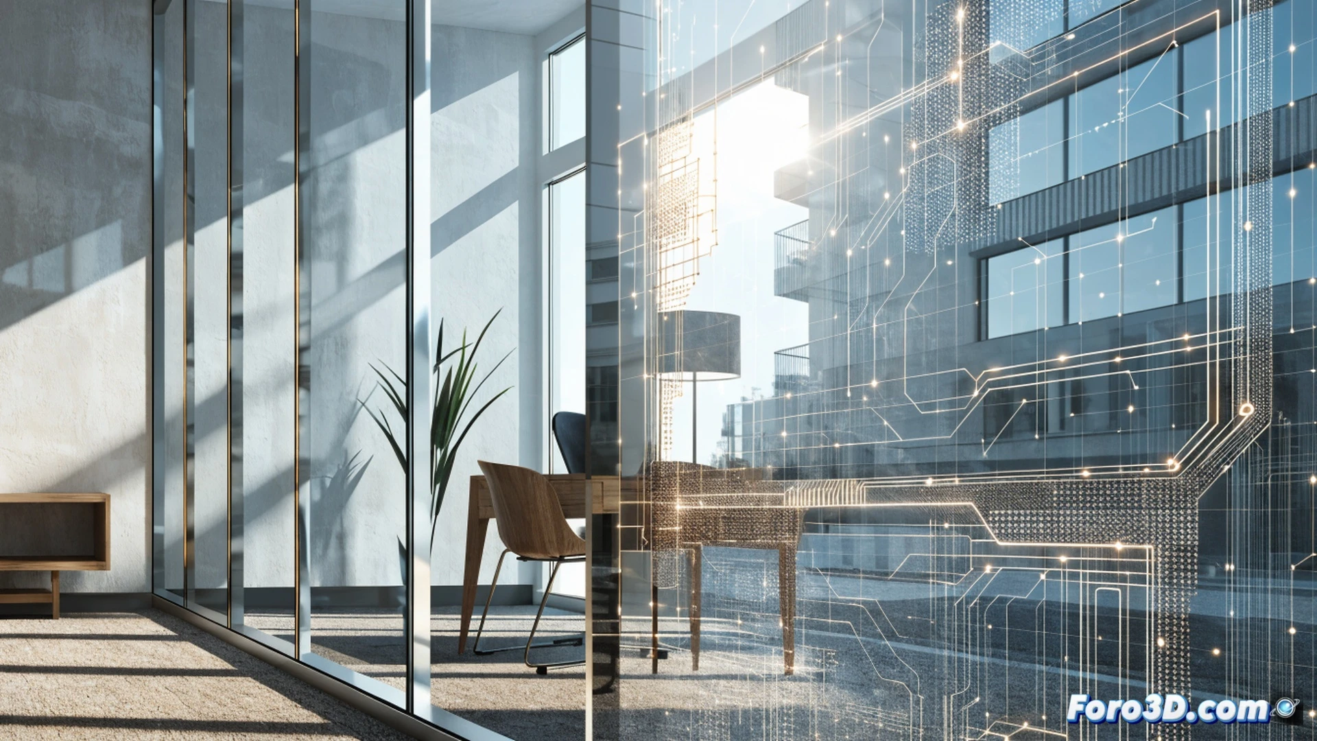 Photorealistic architectural visualization of a modern glass skyscraper facade, sunlight streaming through transparent photovoltaic windows, invisible silicon microgrids embedded in the glass glowing faintly blue during energy conversion, a technician pointing at a digital tablet displaying real-time power generation data while standing inside a bright room, the view outside clear and undistorted through the window, high color rendering index demonstrated by vibrant indoor plants and furniture, cinematic lighting with golden hour sun hitting the building, ultra-detailed glass texture with barely perceptible thin circuit traces, engineering illustration style, clean modern interior, no visible text or numbers