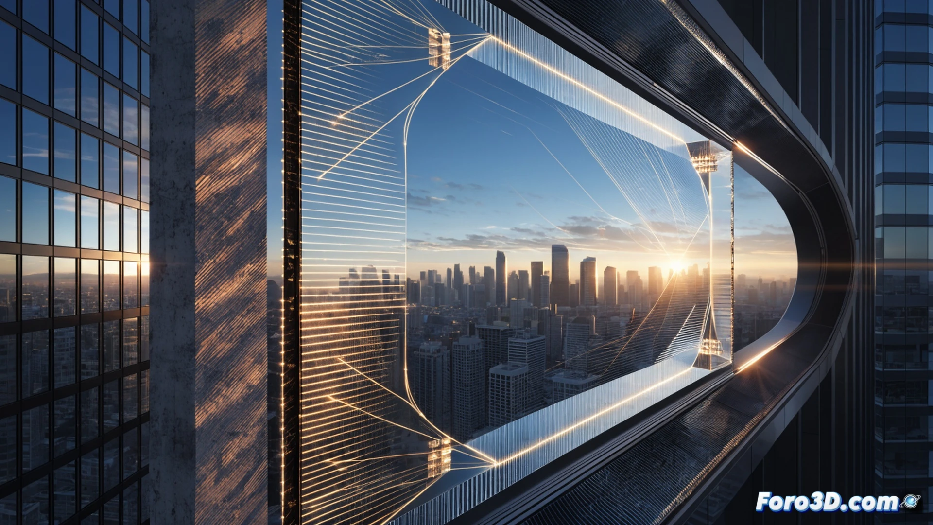 A close-up architectural cutaway of a skyscraper facade, sunlight hitting a glass panel with invisible UV rays being absorbed by organic dye molecules inside the pane, glowing energy streams flowing horizontally toward the hidden photovoltaic cells at the edges, the glass remains fully transparent while the inner process is shown through a ghosted cross-section, technical engineering visualization, photorealistic render, hyper-detailed material textures, precise light refraction patterns, sleek modern building exterior in background, subtle blue and violet luminescence inside the glass, high-contrast industrial lighting, cinematic depth of field