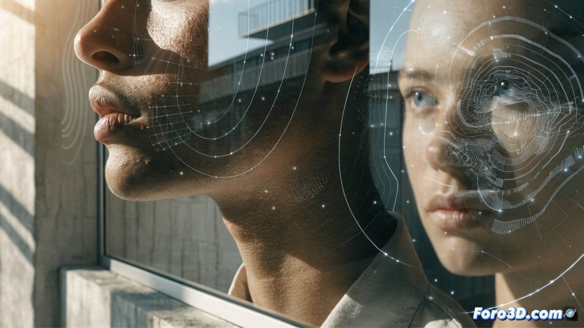 photorealistic technical visualization of a smart window with transparent graphene sensor layer, a person placing palm on the glass surface while glowing biometric data lines pulse across the pane, heart rate and respiratory waveforms displayed as faint cyan light patterns on the reflective surface, window integrated into modern home interior with soft daylight streaming through, microscopic view of graphene lattice structure overlapping the glass edge, cinematic engineering render, ultra-detailed conductive film texture, subtle light refraction on skin contact point, clean minimalist background, dramatic soft lighting