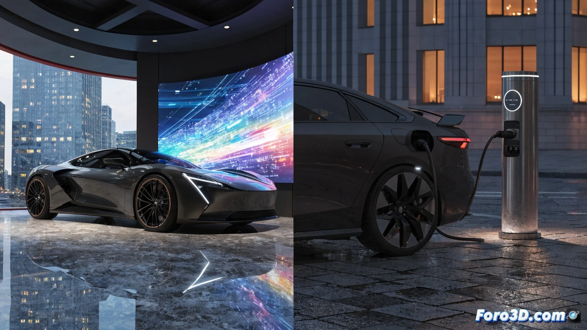 modern electric car charging station in UK, three vehicles plugged into fast chargers, digital dashboard showing 30 percent market share and fading 33 percent target line, consumer standing near price tag display showing slower price drop trend, glowing battery cells visible through cutaway vehicle floor, cinematic technical illustration style, photorealistic metallic body panels, amber and blue charging lights reflecting on wet asphalt, motion blur from passing cars in background, engineering visualization with translucent energy flow arrows, dramatic overcast industrial lighting, ultra-detailed connector ports and cable management