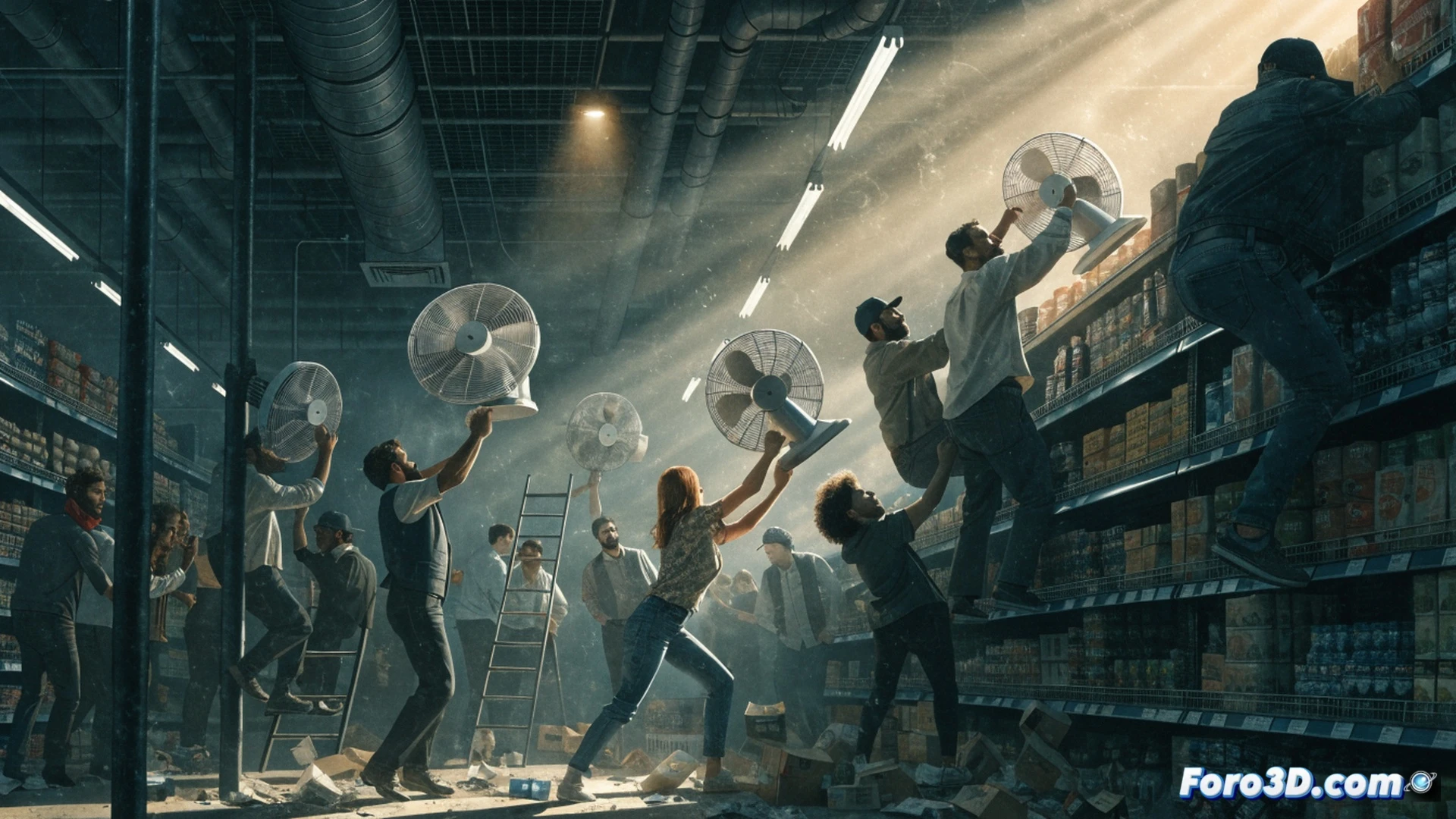 Cinematic photorealistic scene inside a crowded Lidl supermarket during a heatwave, shoppers grabbing and pushing over a single box fan on a shelf, elderly person pushed aside while hands reach desperately, chaotic action showing consumer panic, empty shelves around, sweat on faces, harsh fluorescent lighting, dust particles in hot air, security guard watching helplessly, cold blue-white store lights contrasting with warm skin tones, wide-angle lens distortion, dramatic tension, ultra-detailed textures of plastic fan blades and torn packaging, social chaos documentary style, no text or numbers visible