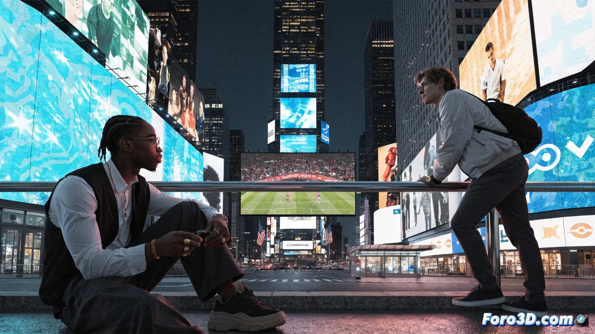 Times Square broadcast cabin interior, two men watching multiple football matches on large curved screens, one gesturing excitedly while recording with smartphone, other typing on laptop with social media dashboard visible, coffee cups and energy drinks scattered, glowing city lights through glass walls, live audience waving outside, cinematic photorealistic style, dramatic neon reflections on faces, intense focus and exhaustion contrast, ultra-detailed skin texture and screen glow, technical gear including microphone headsets and streaming equipment, wide-angle lens perspective showing cramped high-tech workspace