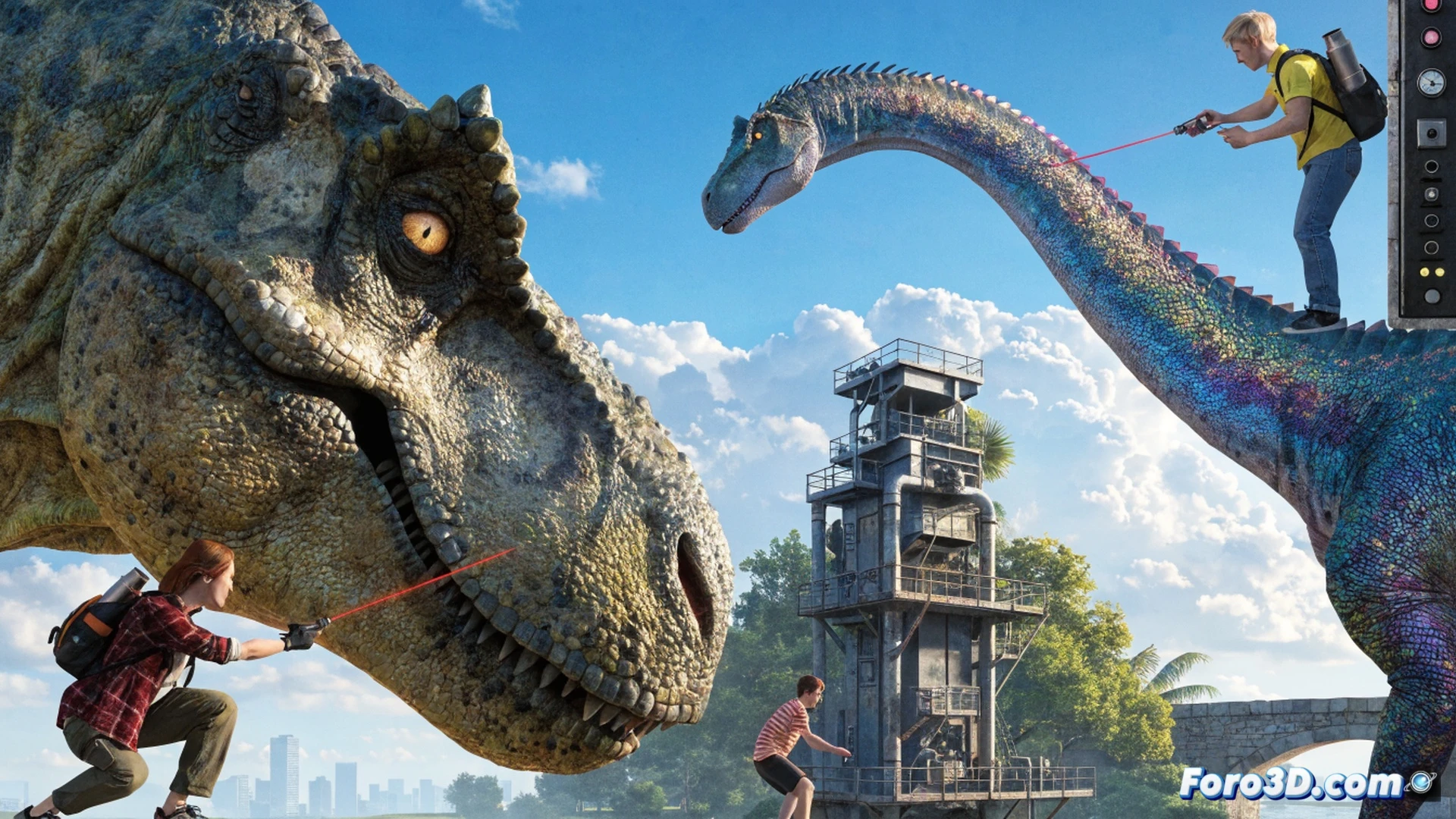 Prehistoric park management simulation interface, dinosaur enclosure under construction with glowing holographic fences, a T-Rex breaking through a partially built barrier while a player character sabotages a control panel with a wrench, park map on monitor showing red alert zones, cartoonish sabotage tool in hand, another player rushing to repair a feeder station, vibrant green foliage and tropical lighting, chaotic action during multiplayer session, isometric technical illustration style, bright arcade-like colors, detailed mechanical park equipment, steam interface overlay faintly visible as UI frame, cinematic game render