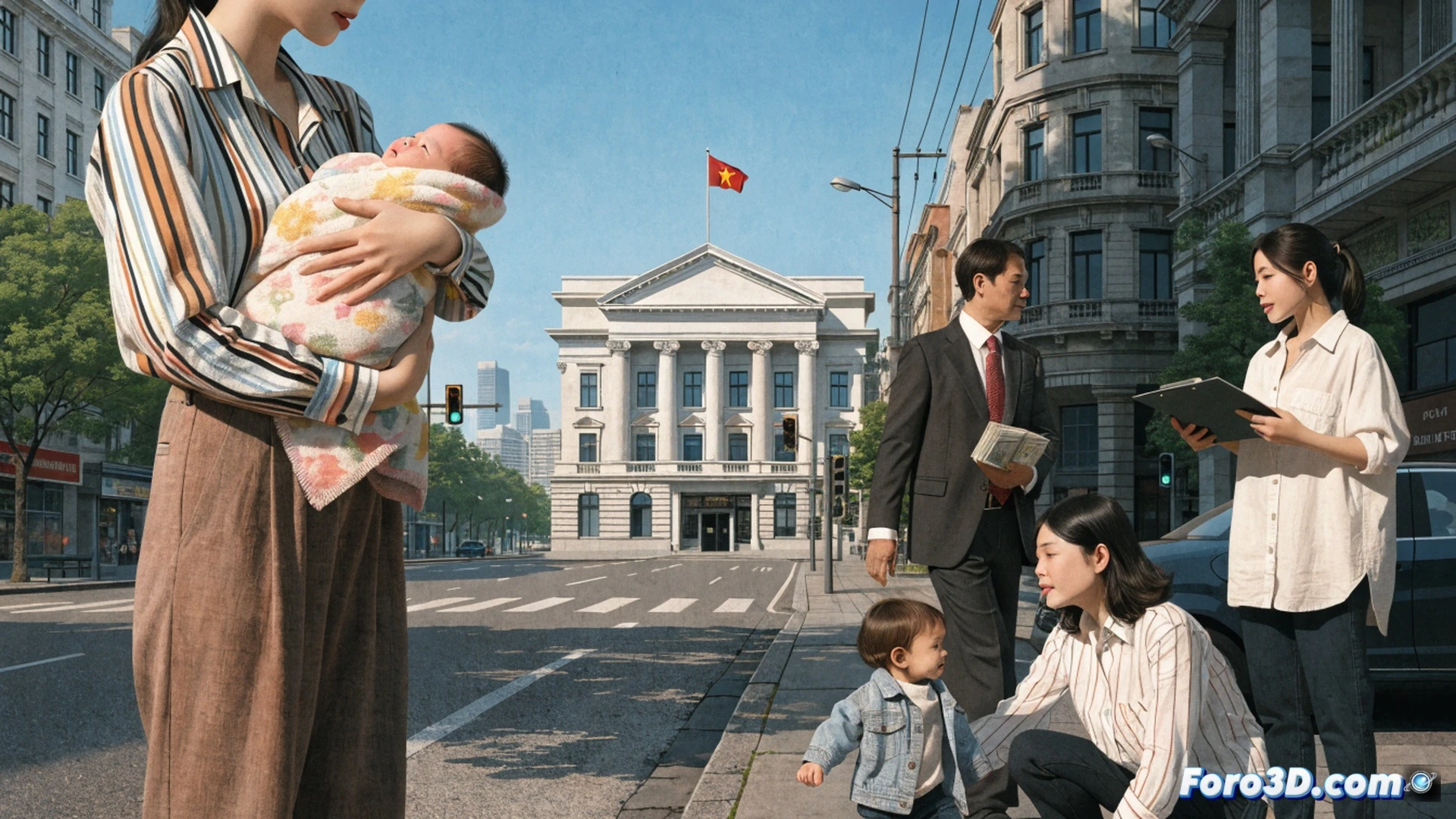 Vietnamese family scene with a mother holding a newborn baby while a toddler plays nearby, government document with official stamp and bonus money bills spread on a wooden table, calendar showing seven months marked for maternity leave, urban apartment background with high cost of living symbols like price tags on groceries, demographic chart showing declining birth rates and aging population curve on a tablet screen, cinematic photorealistic style, warm indoor lighting, mother smiling while looking at both children, father entering room with shopping bags, detailed interior textures, soft natural light from window, emotional family atmosphere, technical illustration of policy change