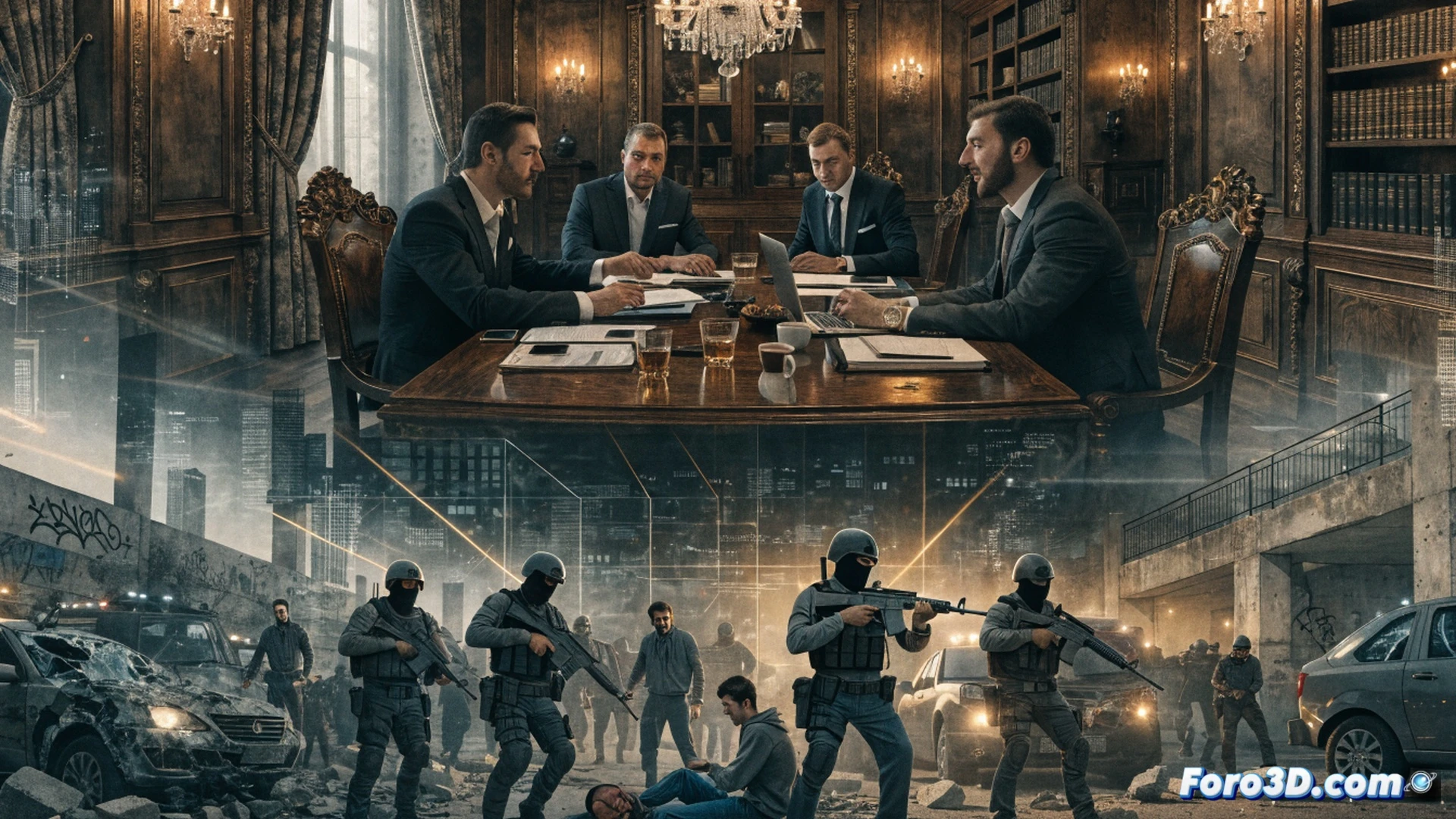 Photorealistic cinematic scene of a shattered glass-paneled corporate boardroom, a single bloodied handprint on a marble table, broken laptop with exposed circuit board sparks, torn financial documents scattered on floor, security camera wires dangling from ceiling, dark-suited figures fleeing through a blurred hallway, oligarch silhouettes watching from a tinted glass balcony above, forensic evidence markers on scattered shell casings, ultra-detailed architectural interior, dramatic chiaroscuro lighting, metallic reflections on luxury furniture, smoke haze, cinematic depth of field, hyperrealistic textures, technical illustration style