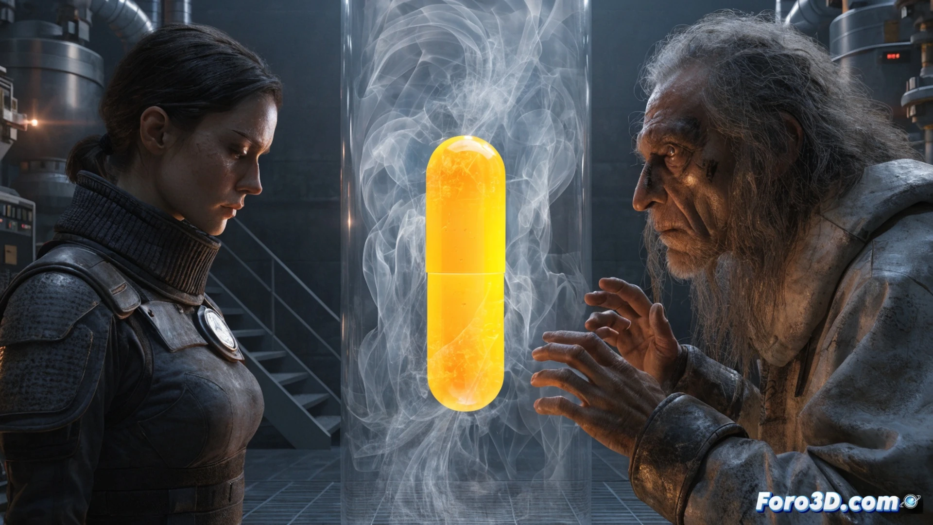 Close-up of a dystopian concrete silo interior, a woman's hand holding a translucent capsule over a metallic pill dispenser, capsules spilling onto a steel table, a microscope analyzing a broken capsule revealing a microchip inside, holographic memory waves dissolving from a human silhouette, dark industrial lighting with cold blue tones, dust particles floating, cinematic photorealistic engineering visualization, metallic surfaces reflecting faint glows, clinical dystopian atmosphere, hyper-detailed mechanical components
