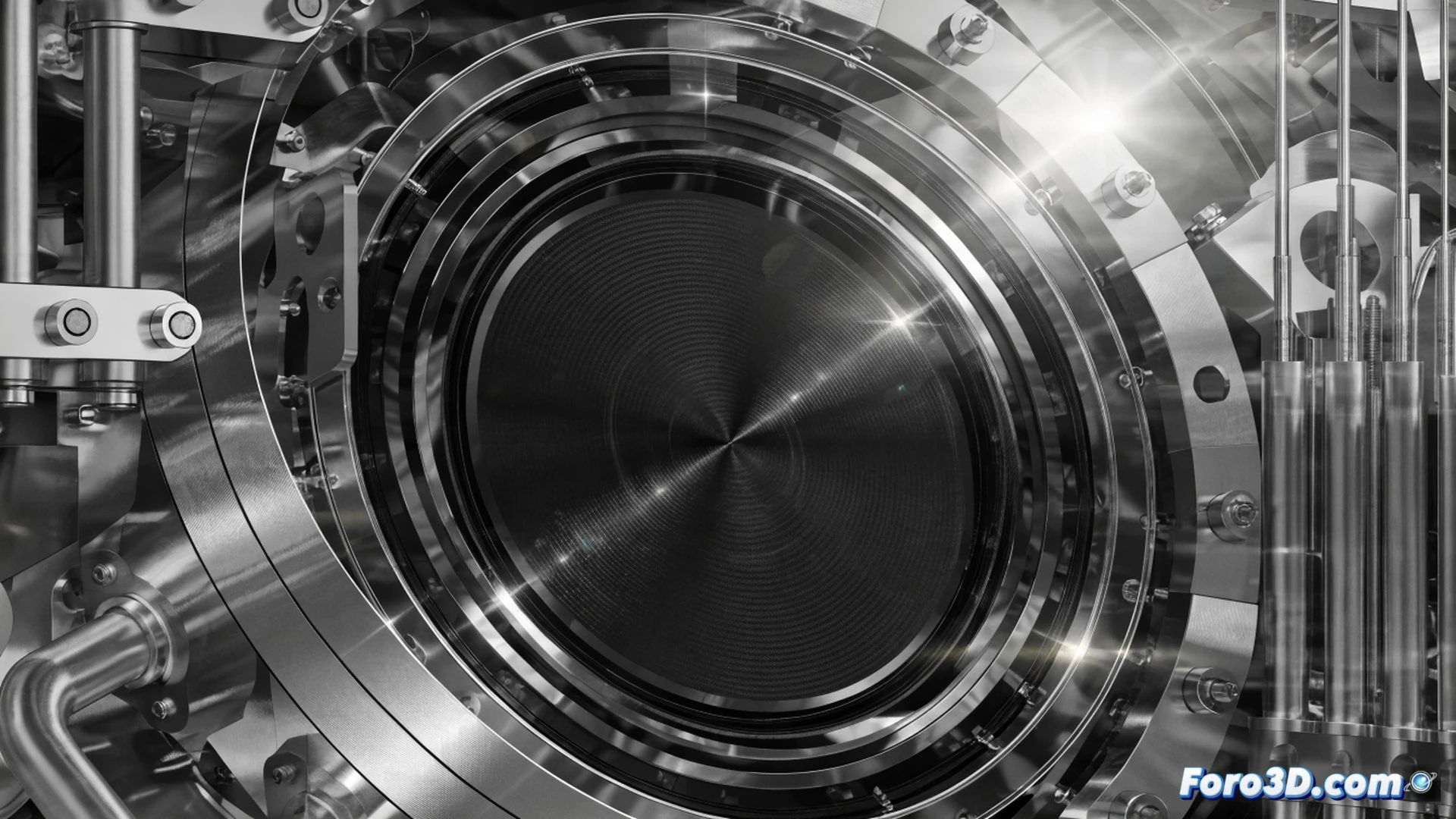 Carbon fiber flywheel rotor spinning inside vacuum chamber, rotor suspended by magnetic bearings at 50,000 rpm, electric motor generating blue arcs while transferring kinetic energy to microgrid cables, technicians monitoring real-time power flow on holographic control panel, motion blur on rotor surface, glowing energy discharge lines around carbon weave, polished steel housing with vacuum valves, cold industrial LED lighting, photorealistic engineering visualization, ultra-detailed composite material texture