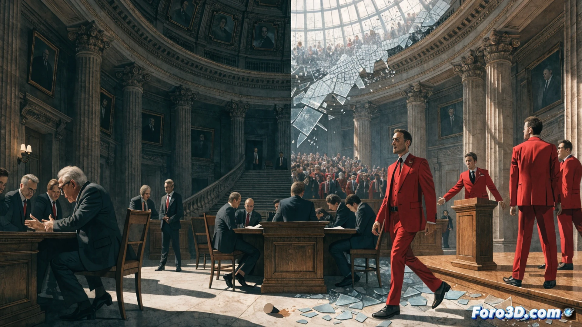 three politicians in suits gripping a broken scale, one side holds a worn social welfare document and a hospital bed token, other side holds a party flag and a budget cut paper, scale beam cracked and tilting, background shows a blurred map of Andalusia with a padlock on a public school icon, a citizen silhouette points at a voting ballot box with a referendum text, cinematic photorealistic style, dramatic shadow lighting, dust particles in air, metallic scale texture, worn paper edges, ultra-detailed political illustration