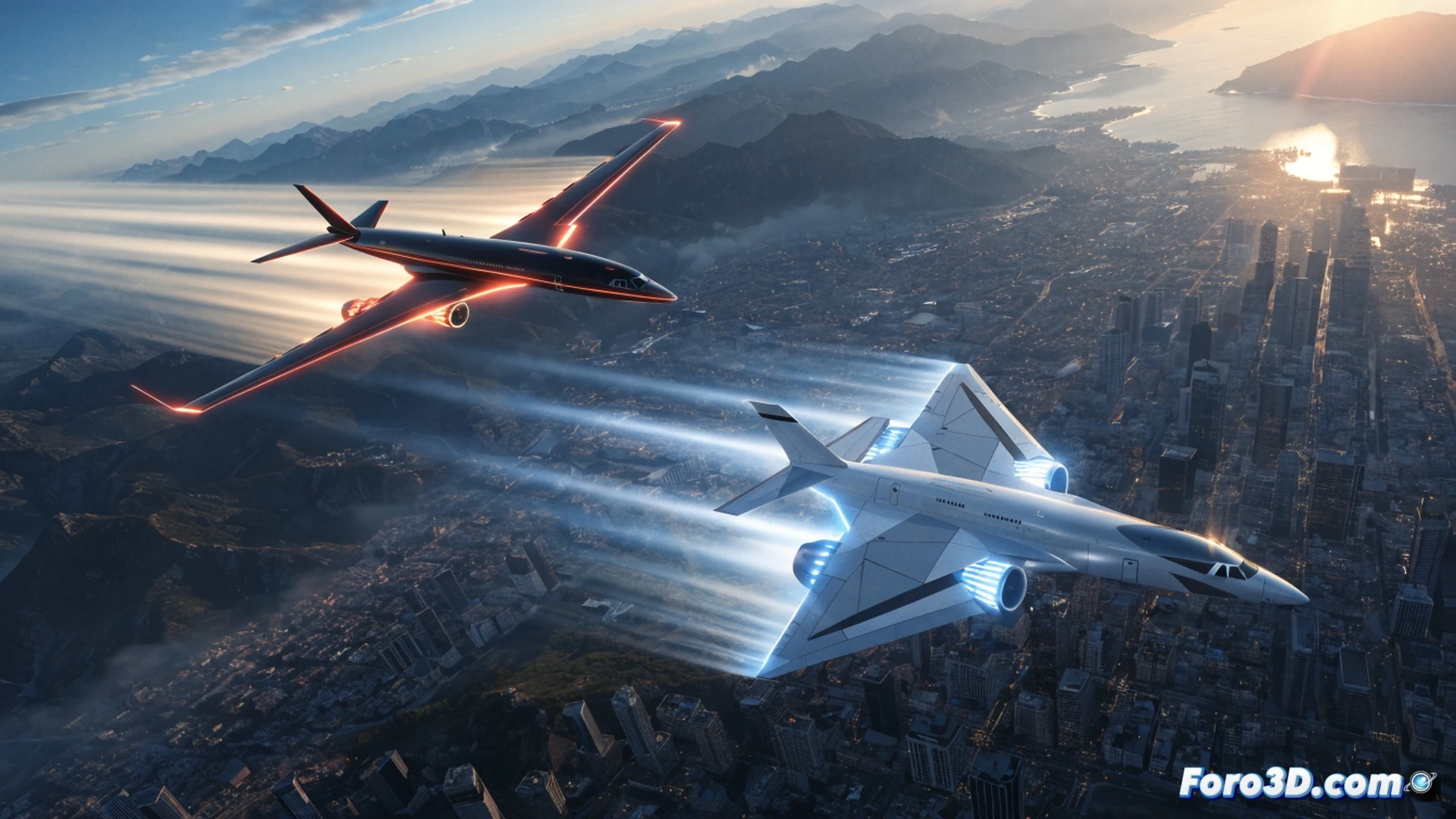 Supersonic jet flying over a residential neighborhood at dawn, visible shockwave cone forming at wingtips, sound pressure waves depicted as translucent blue ripples expanding downward toward houses, silent engines with no visible exhaust, advanced composite wing surface with embedded sensors glowing faintly, rooftop decibel meters showing zero readings, cinematic engineering visualization, photorealistic render, dramatic low-angle shot, clear sky with contrail dissipating silently, modern sleek aircraft design, contrast between futuristic tech and suburban landscape, ultra-detailed metal skin with aerodynamic seams