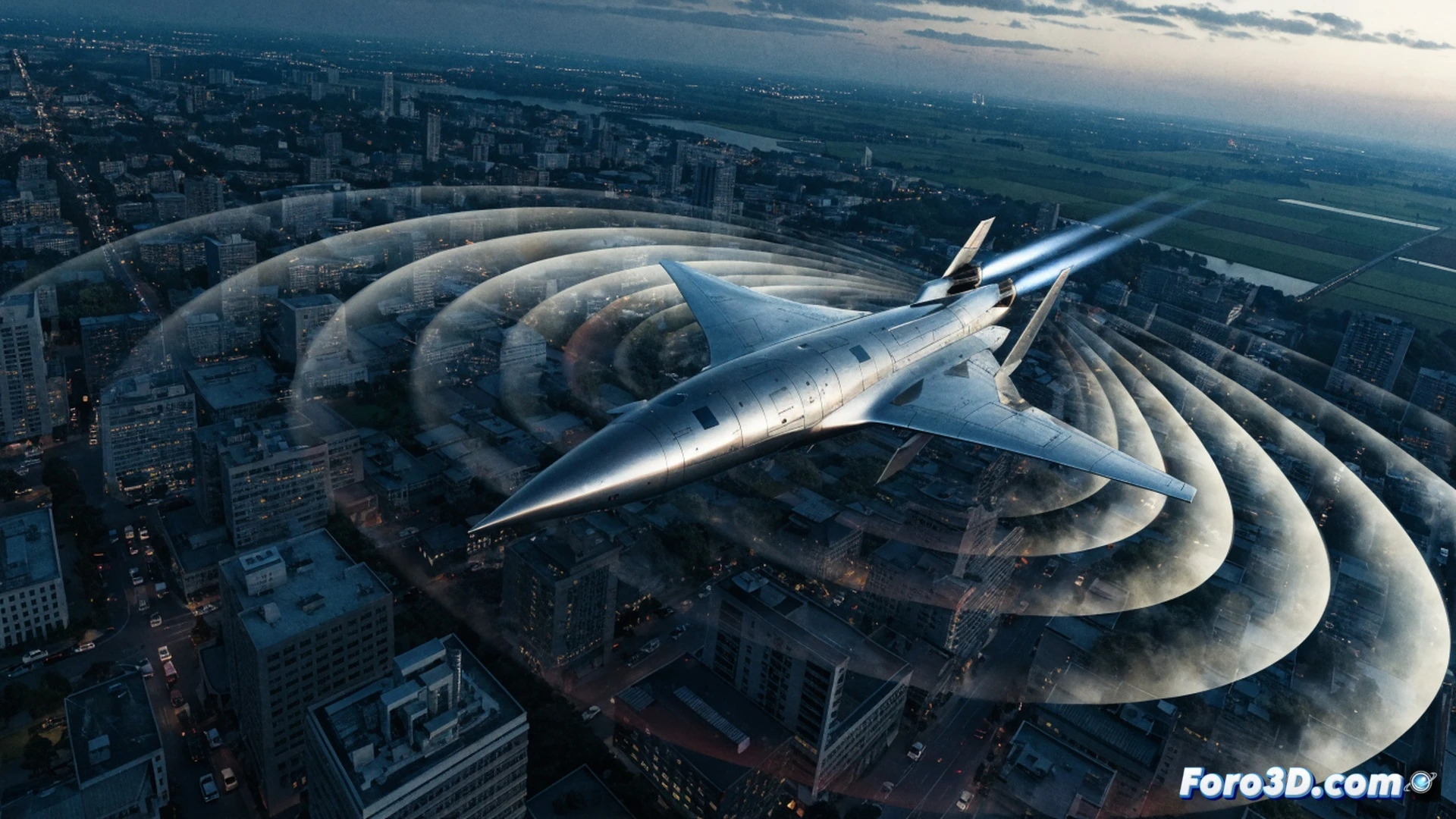 Supersonic aircraft flying low over a residential neighborhood, visible shockwave cones forming at wing edges, houses below with windows rattling, people covering ears in outdoor spaces, sound pressure waves visualized as translucent orange ripples spreading downward, airport runway in background with noise monitoring equipment, cinematic photorealistic engineering visualization, dramatic contrast between sleek metallic jet and vulnerable urban landscape, motion blur on jet, glowing acoustic wave patterns, detailed residential architecture, golden hour lighting casting long shadows