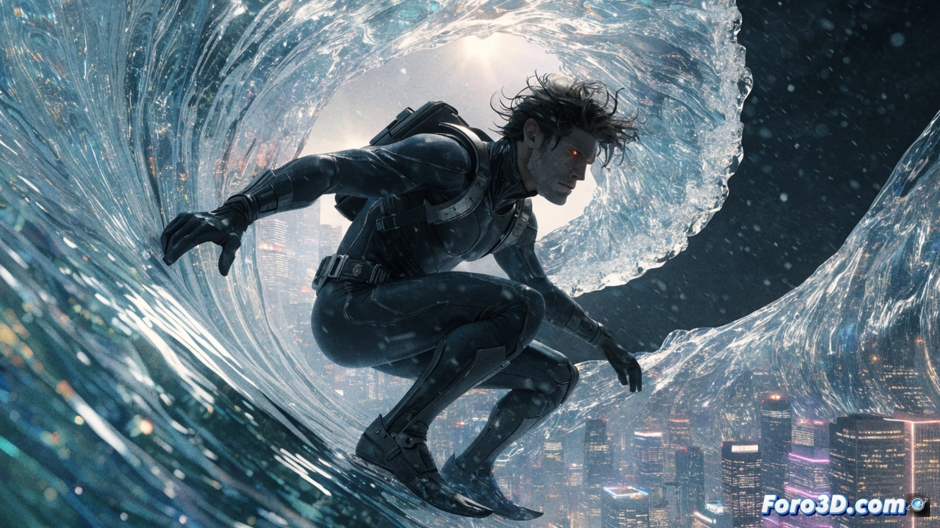 Time traveler Matthew Ryder as Wave Rider, mid-leap through a glowing temporal rift, hands crackling with blue energy, fractured clock gears and digital timecode fragments dissolving around him, ancient hourglass and futuristic circuit board debris floating in the vortex, cinematic sci-fi action scene, photorealistic render with dramatic volumetric lighting, motion blur on his flowing coat, temporal distortion waves bending light around his silhouette, high-contrast deep blues and electric gold, ultra-detailed skin texture and fabric folds, DC-inspired hero pose with dynamic forward momentum