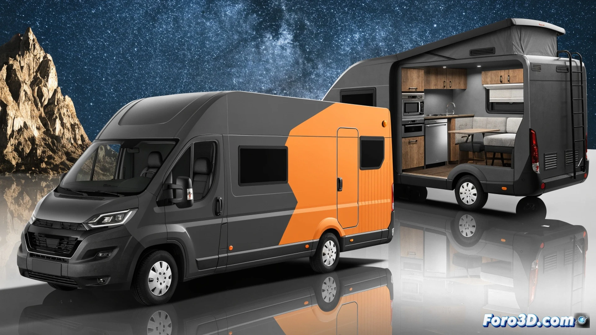 Compact campervan interior seamlessly blending into a full-size motorhome layout, a couple sitting at a dinette table while one person stands in a fully-equipped kitchenette, sliding door open revealing a compact exterior footprint, technical cutaway showing hidden storage compartments and integrated plumbing beneath raised floor, photorealistic architectural visualization with warm ambient lighting, crisp shadow lines across laminated wood surfaces, stainless steel sink and induction cooktop reflecting daylight, ergonomic seating converting into a bed mechanism partially demonstrated, soft fabric textures and matte automotive finishes, cinematic interior photography style, ultra-detailed spatial proportions, realistic material rendering