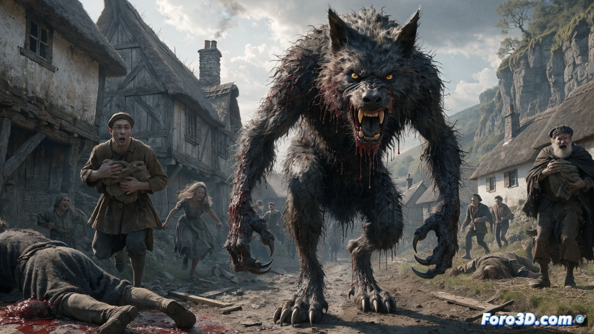 medieval village at night during a lycanthropic transformation, a hunched figure with elongated limbs and fur tearing through coarse wool tunic, blood splattering on frozen mud and thatched roof edges, villagers clutching pitchforks and iron scythes in terror, flickering torchlight casting long shadows across cobblestone path, a wooden water well and stone church in background, cinematic horror visualization, ultra-detailed skin texture with matted fur, dramatic chiaroscuro lighting, photorealistic medieval atmosphere, motion blur on running figures, cold blue moonlight contrasting warm fire glow, gritty dirt and straw scattered on ground