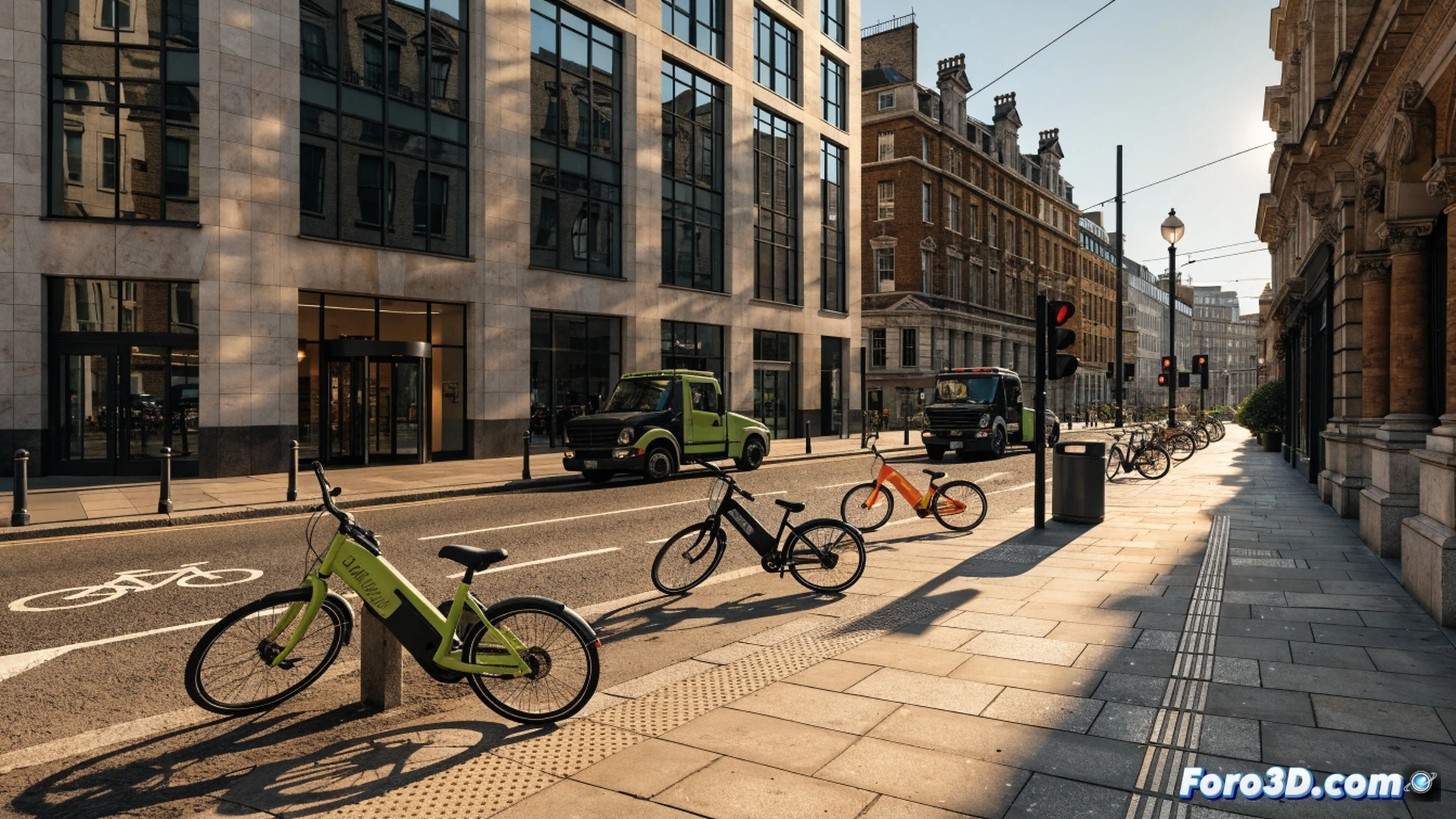 Photorealistic street scene in London, Westminster Council worker in high-vis vest using a flatbed trolley to load a seized Lime e-bike from a blocked pavement, another worker placing a warning sticker on a Voi e-bike parked across a wheelchair ramp, a visually impaired person with white cane navigating freely past the cleared area, yellow council van with hazard lights in background, dramatic overcast daylight, urban setting with red double-decker bus passing, sharp focus on enforcement action, technical equipment including wheel clamp and bolt cutters visible, cinematic documentary style
