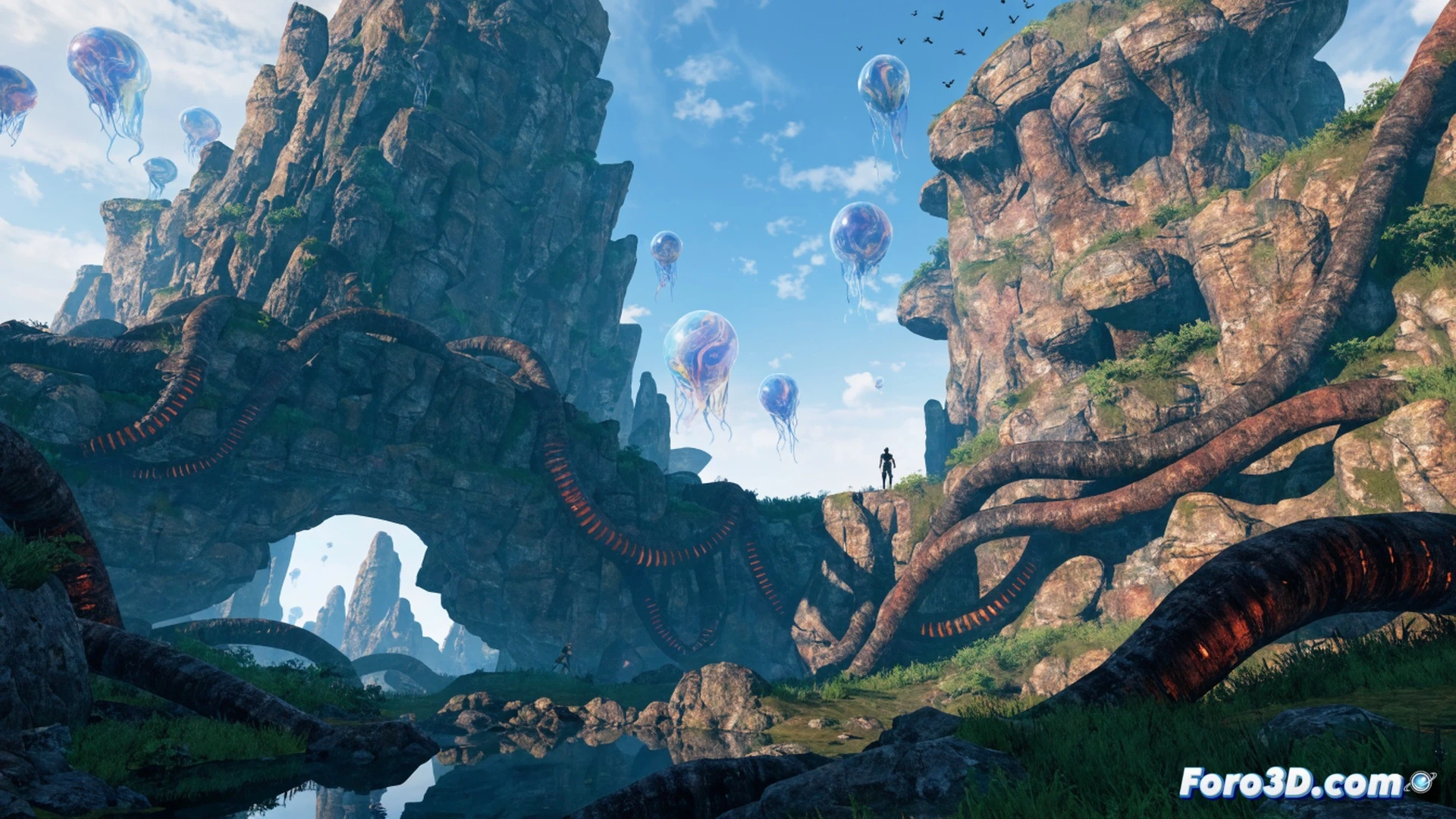 RPG survival character building a wooden shelter on alien planet while a glowing blue creature approaches from dense jungle ruins, holographic interface floating nearby showing crafting menu with monster domestication progress bar, sunset lighting through toxic atmosphere, cinematic photorealistic visualization, action scene showing player holding a plasma axe mid-swing, creature with bioluminescent spikes stepping onto ancient stone structure, particle effects from alien flora, dramatic shadows and lens flare, ultra-detailed textures on equipment and creature scales