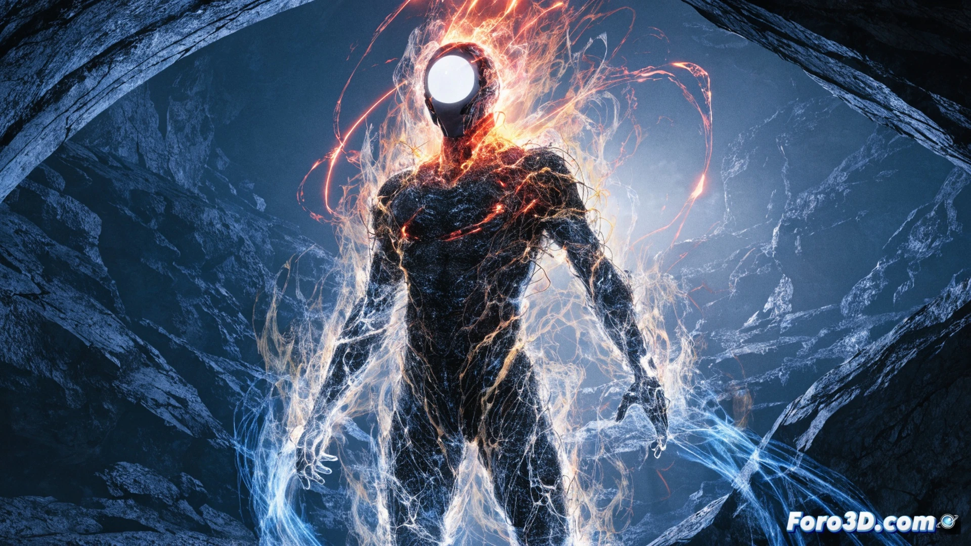 Legion of Super-Heroes member Wildfire as pure energy entity trapped inside a containment suit, energy tendrils violently escaping from cracked armor joints during a battle, glowing orange plasma core visible through transparent chest panel, advanced metallic suit with damaged circuits sparking, cinematic superhero pose with one arm extended releasing a concentrated energy blast, dark alien battlefield background with destroyed robots, photorealistic comic book style, dramatic rim lighting on the suit, particle effects of escaping energy, dynamic motion blur, industrial sci-fi aesthetic, ultra-detailed mechanical exoskeleton components