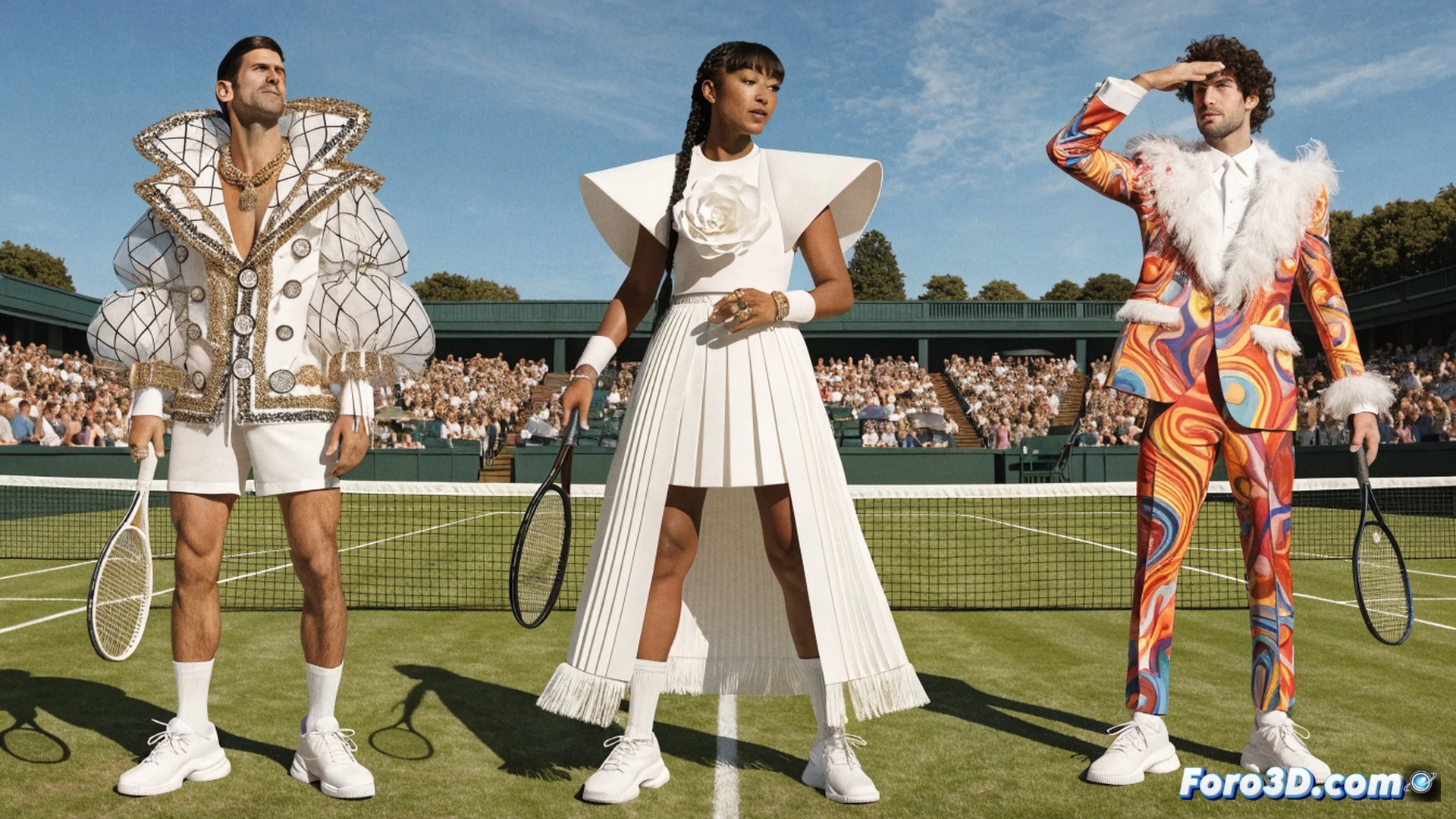 Wimbledon grass court during a match, tennis ball mid-flight, Novak Djokovic serving in a designer outfit with subtle pattern details challenging white dress code, Taylor Fritz on opposite side wearing a high-fashion jacket, cameras and broadcast equipment visible, fashion photographers positioned near baseline, action showing serve impact, cinematic photorealistic sports illustration, dramatic stadium lighting, green grass texture, white lines, intense focus on player expressions, luxury fabric textures, high-speed motion blur on ball, ultra-detailed court surface, professional broadcast aesthetic