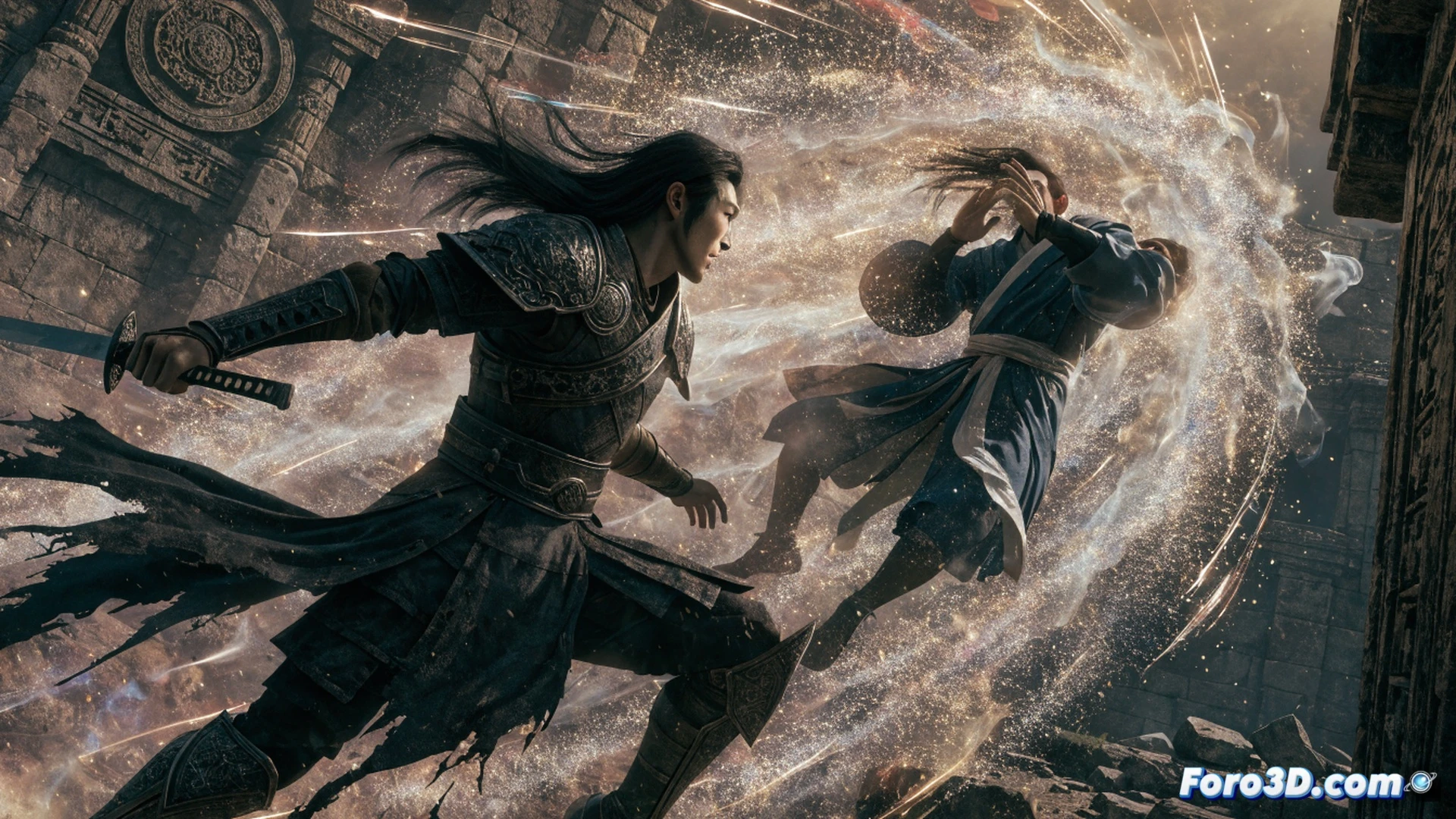 Wo Long Fallen Dynasty combat particle engine visualization, warrior mid-air spinning strike with glowing qi blade, particle burst from sword impact against demon armor, Katana Engine rendering particles scattering like fireflies, motion blur on weapon swing trajectory, volumetric fog illuminated by magical energy, ancient Chinese temple ruins in background, cinematic action shot with dramatic side lighting, sparks and dust particles frozen in time, photorealistic technical illustration showing real-time particle physics, metallic armor reflections, dynamic camera angle emphasizing speed and precision
