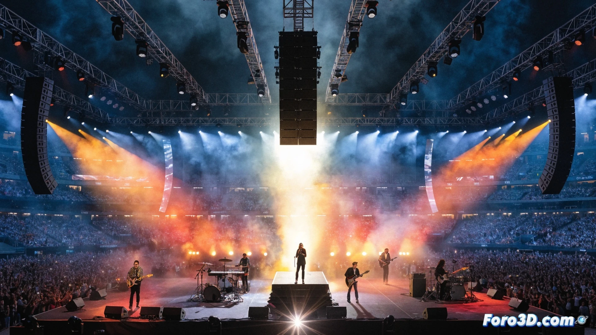 Wolf Alice performing on a massive stadium stage, 45,000 crowd with raised arms and phone lights, singer Ellie Rowsell mid-stride with microphone cable swinging, guitarist shredding a distorted power chord, stage lights sweeping across the audience in blue and magenta, drum kit with visible cymbal vibration, monitor wedges and amp stacks glowing, confetti cannons firing during a Nirvana cover transition, cinematic concert photography style, dramatic low-angle shot from pit, motion blur on crowd hands, haze machines creating volumetric light beams, photorealistic live music documentation, emotional peak moment showing 16 years of dedication