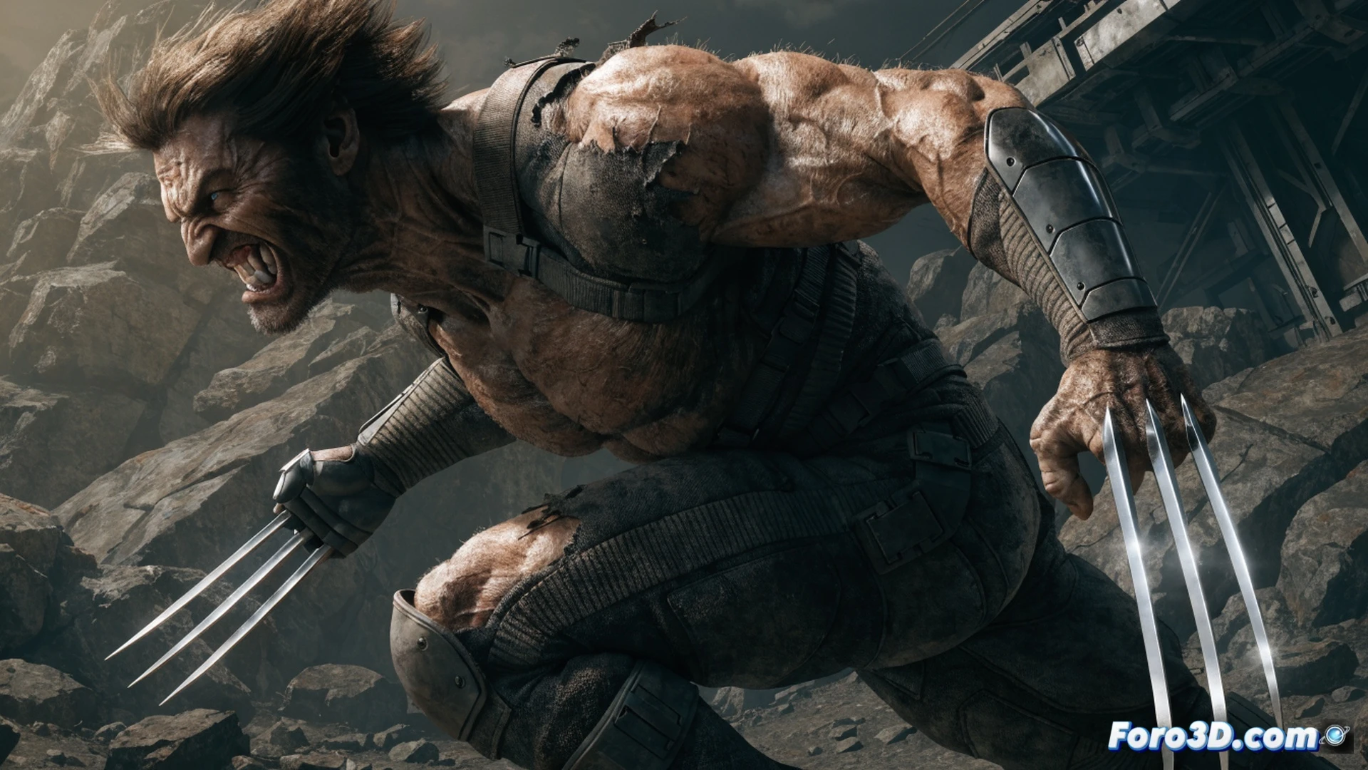 Close-up cinematic technical illustration of Wolverine s adamantium claws extending from knuckles, muscle fibers and skin deforming in real-time around the metallic blades, reflective polished metal surface showing distorted environment, dynamic damage system demonstration with cracked concrete pieces flying from claw impact, glowing subsurface scattering in muscle tissue, realistic anatomical simulation with visible tendon tension, photorealistic engineering visualization, dramatic side lighting emphasizing claw sharpness and muscular definition, high-contrast shadows, ultra-detailed pores and skin texture, motion blur on debris particles, Insomniac engine style proprietary shader technology