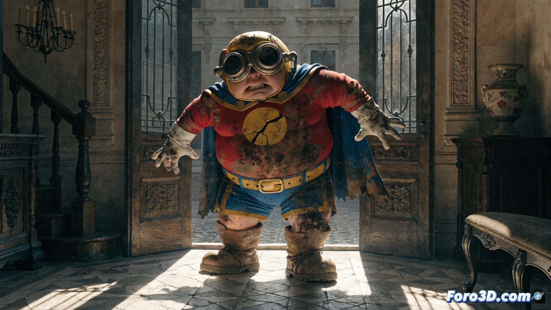 A fat clumsy man in a vintage 1940s suit trips over a giant inkwell on a cluttered comic artist desk, spilling black ink across scattered technical blueprints and a glowing tablet showing a half-finished digital comic panel, while his unlucky aura bends a nearby desk lamp into a twisted shape, cinematic engineering visualization, dramatic side lighting casting long shadows, photorealistic render with retro comic texture overlays, motion blur on the falling ink droplets, ultra-detailed mechanical pencil and stylus tools on the desk, dark moody atmosphere with sepia tones