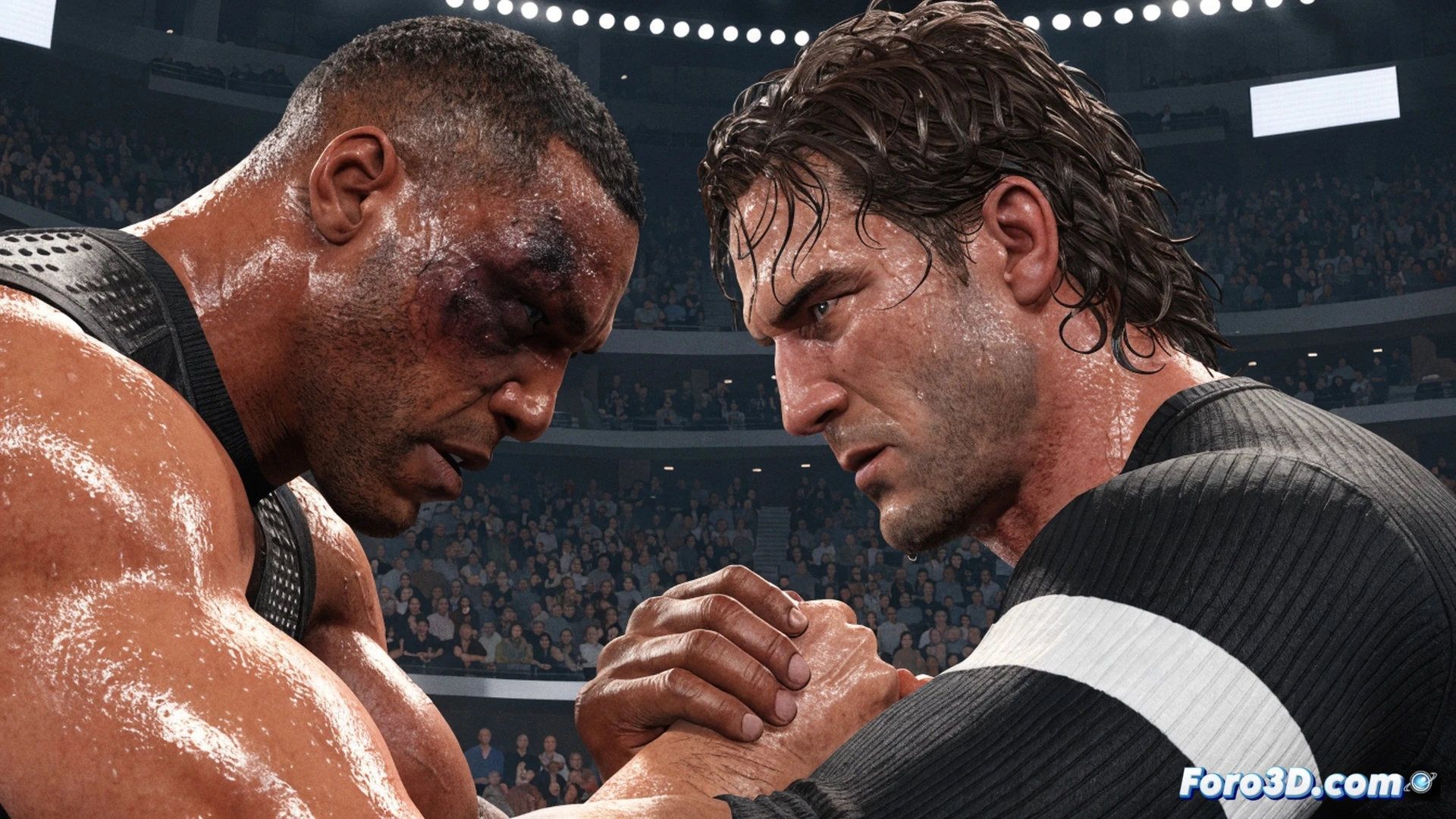 Photorealistic cinematic render of a WWE 2K24 wrestling match scene, demonstrating dynamic sweat and bruise shader system in real-time action, two muscular wrestlers mid-grapple under intense stadium lighting, one wrestler’s back showing fresh hematomas forming precisely where opponent’s forearm strikes, skin textures with oil sheen and sweat droplets reflecting ring lights, motion blur on sweat particles flying during impact, close-up technical view of contoured muscles deforming under pressure, ultra-detailed pores and skin imperfections, dramatic spotlight casting deep shadows, engineering visualization of game engine’s real-time injury simulation, no text or numbers visible.