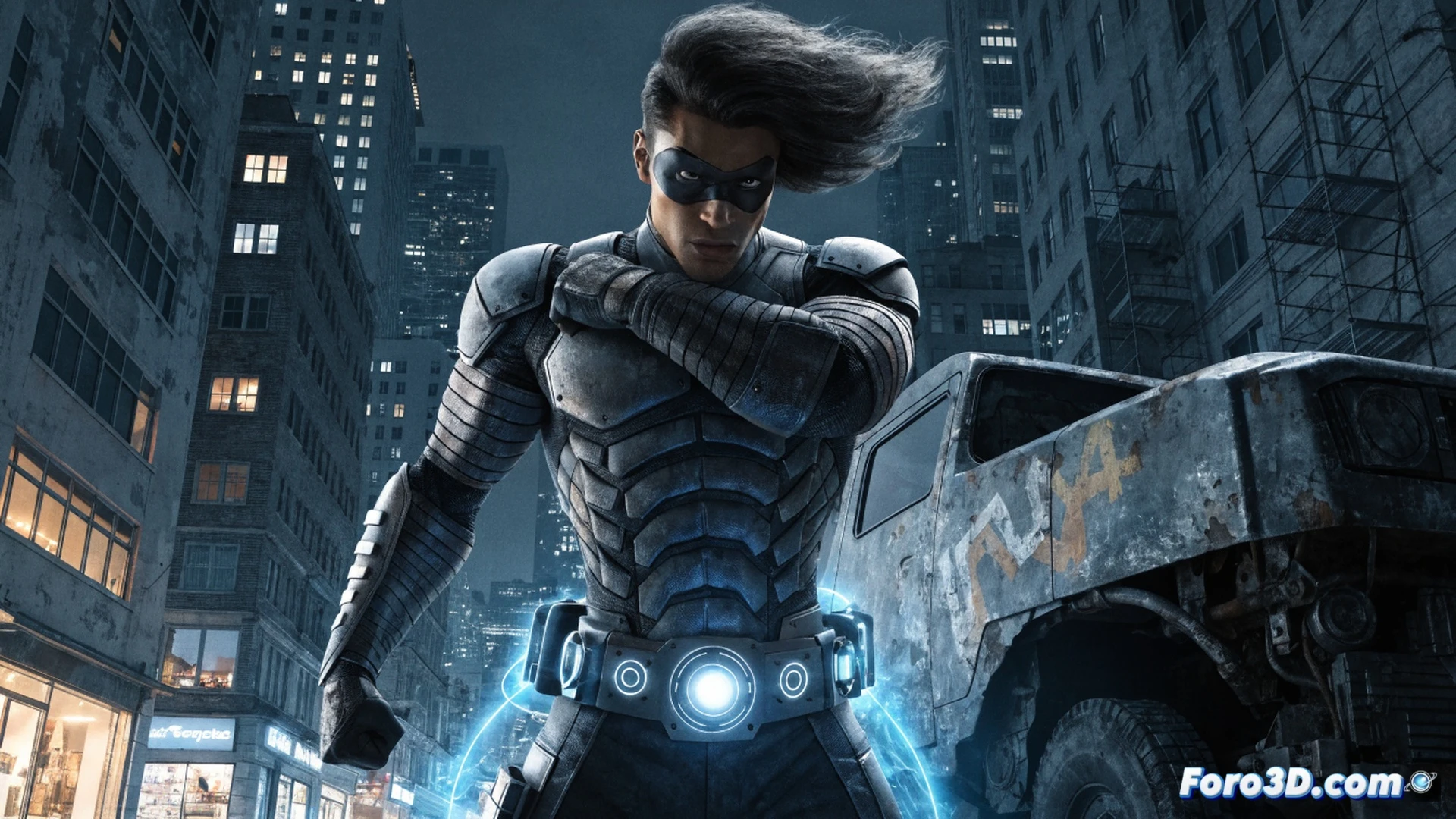street fighter in dimly lit alley, Charlie Wylde mid-punch with glowing blue force field cinturon tecnológico activating around his waist, energy shield expanding to deflect incoming debris, sparks flying from impact, worn leather jacket and combat boots, gritty urban setting with rain-slicked pavement and brick walls, cinematic action shot, dynamic pose, dramatic low-angle lighting, photorealistic technical illustration, detailed muscle tension and fabric folds, motion blur on fist, blue energy arcs tracing field boundaries, dark stormy sky overhead, ultra-detailed mechanical belt with visible circuitry, realistic metal textures, high-contrast industrial atmosphere