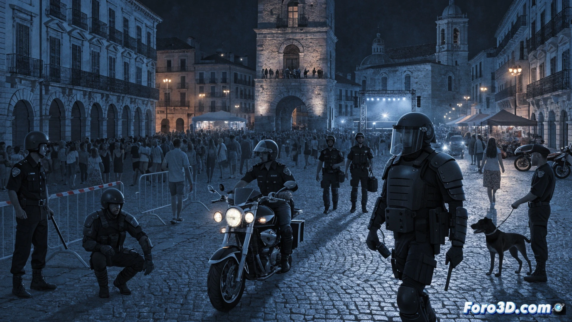 narrow medieval street in Xàtiva at dusk, two uniformed police officers walking past a glowing fira stall, one officer holding a handheld radio while scanning the crowd, a patrol car with flashing blue lights parked near a stone archway, distant stage lights and crowd silhouettes near a concert venue, technical safety monitoring device mounted on a lamppost, cinematic photorealistic style, warm amber streetlights contrasting with cool blue police lights, shallow depth of field, motion blur on passing festivalgoers, ultra-detailed stone textures and reflective wet cobblestones