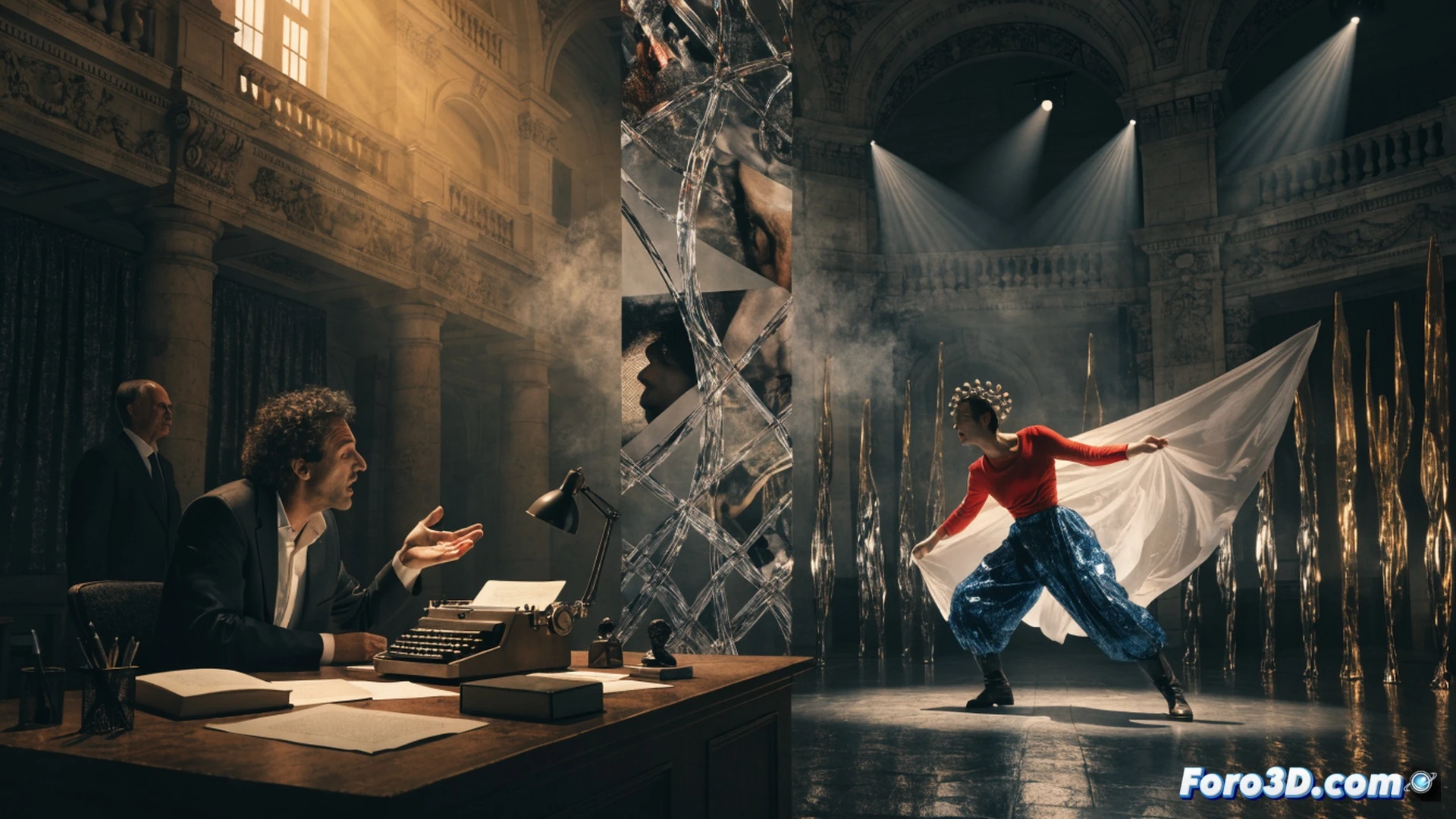 Xavi Castillo standing alone on a dark stage, a white spotlight illuminating his silhouette, while a large digital catalogue screen behind him flickers and removes his name from a list, red X marks appearing over his entry, stagehands in shadows holding clipboards and erasing show posters, cinematic photorealistic style, dramatic chiaroscuro lighting, dust particles in the air, worn wooden stage floor, vintage theatre curtains partially drawn, subtle smoke haze, emotional tension in the scene, ultra-detailed textures on stage equipment