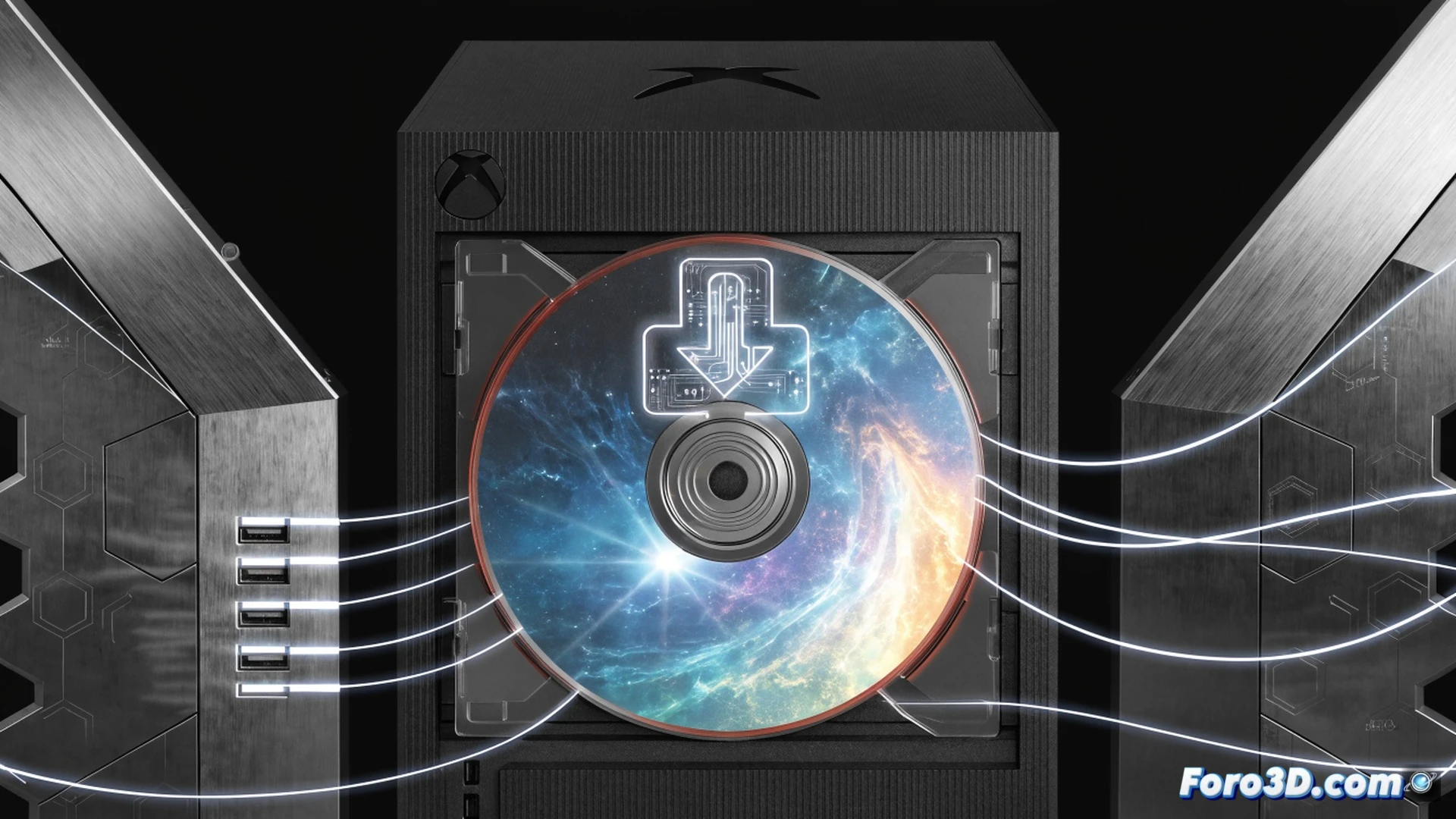 Xbox Series X console next to a sealed Halo game case, disc partially ejected showing a download arrow icon on its surface, controller with a disconnected cable symbol, PlayStation 5 in background with a login screen requiring Microsoft account, open menu on TV displaying mandatory download progress bar, photorealistic technical illustration, cold blue and green LED lighting, glossy plastic textures, sharp metallic edges, dramatic shadows emphasizing the empty disc tray, ultra-detailed hardware components, cinematic product photography style