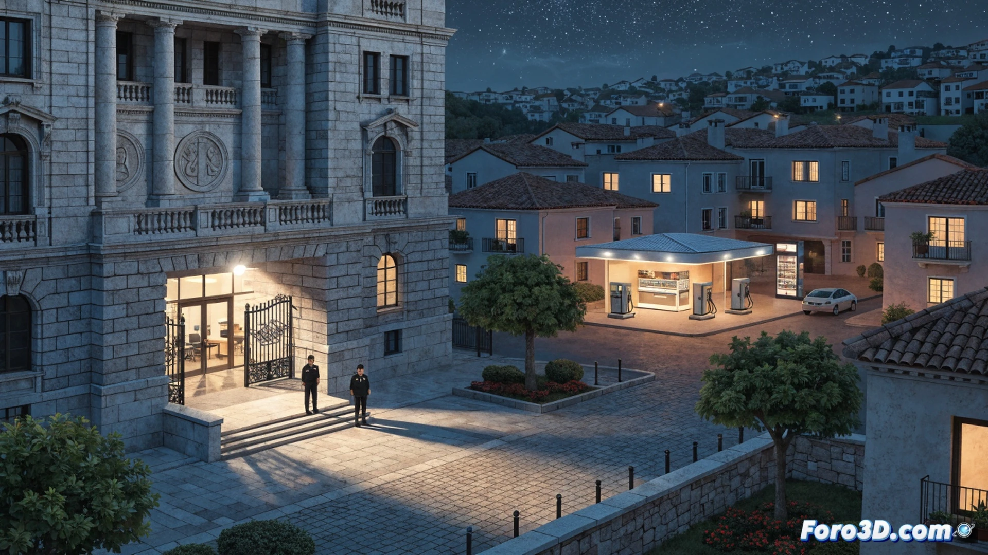 urban planning conflict scene, modern gas station construction site halted mid-build, yellow excavator parked next to partially dug foundation, orange construction barriers and warning cones lining the street, residential apartment buildings visible in background, legal documents and architectural blueprints spread on a wooden table in foreground, a judge gavel and city council seal nearby, showing the suspension process, cinematic photorealistic visualization, overcast afternoon light casting long shadows, high contrast industrial and residential textures, detailed urban environment, technical illustration style