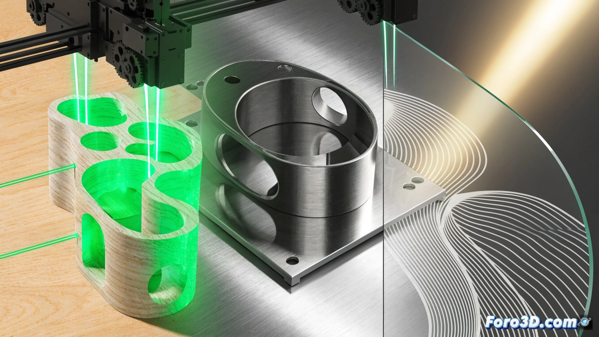 xTool O1 Omni printer applying fluorescent 3D texture onto a wooden surface, laser head moving precisely over a metal sheet while glass piece shows printed glow effect, workshop bench with fabric sample and small business products, cinematic engineering visualization, realistic industrial lighting, photorealistic technical render, dust particles suspended mid-air, mechanical components in motion, machine body with sleek matte black finish, intricate print head details visible during operation