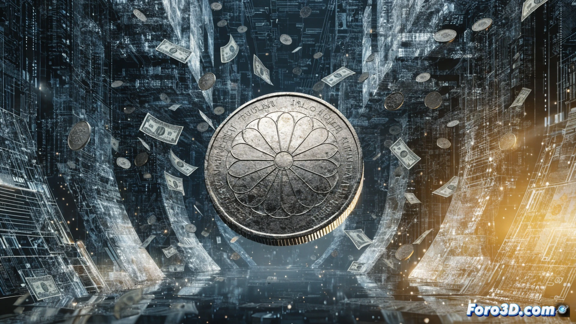 Japanese yen banknotes crumbling and disintegrating into dust while a strong US dollar bill casts a sharp shadow over them, a digital trading screen in the background showing yen-dollar exchange rate graph with a steep downward red line, a Japanese citizen's hand grasping empty rice bowl and fuel pump nozzle with rising price tags floating upward, photorealistic technical illustration, cinematic lighting with dramatic contrast between warm yen tones and cold dollar blue, ultra-detailed currency textures, dust particles floating in beam of light, economic pressure visualized through physical decay, high-resolution financial crisis scene