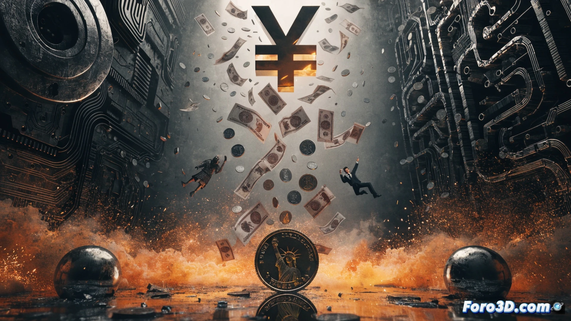 Japanese yen coins scattering downward past a glowing digital dollar symbol, a fractured arrow graph showing sharp decline, a Japanese family silhouette struggling to carry heavy shopping bags filled with rising price tags, a Bank of Japan building in background with cracked foundation, cinematic technical visualization, photorealistic economic crisis scene, metallic yen coins tumbling through dark space, red downward trend lines pulsing, blue digital dollar shield glowing above, dramatic high-contrast lighting, ultra-detailed currency textures, motion blur on falling coins, realistic financial data visualization style