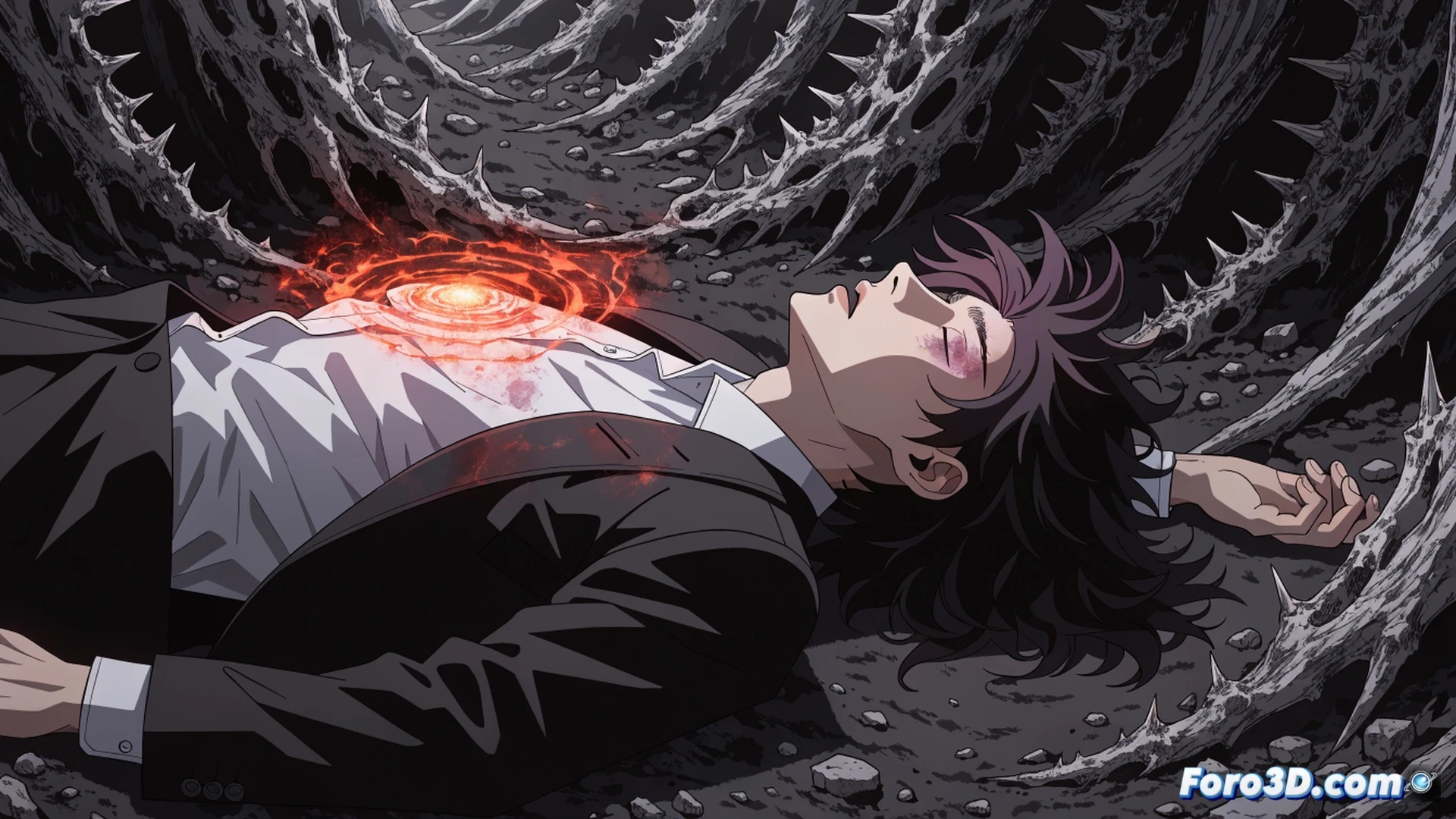 Yuki Tsukumo en el momento de su sacrificio final, cuerpo flotando en un vacío oscuro mientras una esfera de energía negra se expande desde su pecho, fragmentos de maldiciones siendo absorbidos por la luz blanca que emana de sus manos abiertas, un círculo de runas doradas girando bajo sus pies como un sello técnico, partículas de energía azul y roja chocando en el aire durante la colisión de dos técnicas opuestas, estilo cinematográfico de anime con iluminación dramática de alto contraste, texturas digitales detalladas en la piel y la ropa desgarrada, fondo abstracto con líneas de fuerza trazadas como simulación de campo de energía, render fotorrealista con acabado de ilustración técnica de combate mágico.