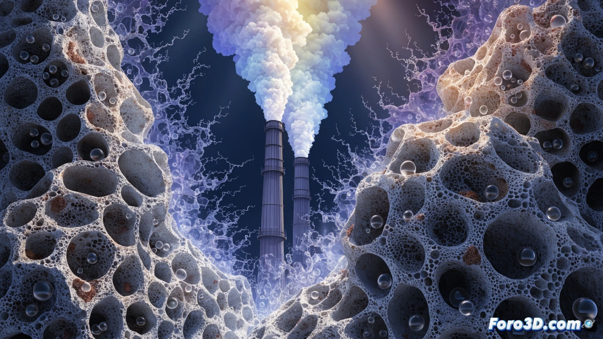 Industrial chimney cross-section cutaway, zeolite porous mineral filter structure trapping sulfur dioxide and nitrogen oxide molecules, molecular sieve action visible with toxic gas particles being captured inside honeycomb-like crystal lattice, smoke flow entering filter and clean air exiting, realistic engineering visualization, industrial setting with metallic ducts and steel supports, dramatic side lighting highlighting zeolite crystal details, blue-green toxic gases contrasted with clear purified air, photorealistic technical illustration, ultra-detailed porous surface texture, cinematic industrial atmosphere