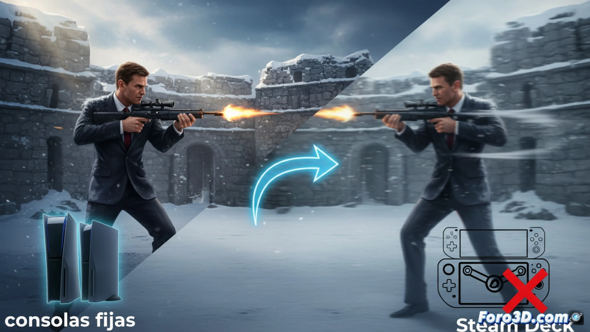 photorealistic technical comparison scene, PS5 and Xbox Series X consoles connected to a 4K monitor displaying 2160p 60 FPS gameplay of a Bond spy action sequence, while a Steam Deck handheld shows the same scene at 800p 40 FPS with lower graphical fidelity, a performance graph overlay demonstrating frame rate drop and resolution gap, sleek metallic consoles with glowing LED indicators, Steam Deck with visible heat sink vents, dramatic side lighting emphasizing texture differences, cinematic engineering visualization, ultra-detailed hardware surfaces, precise technical illustration style