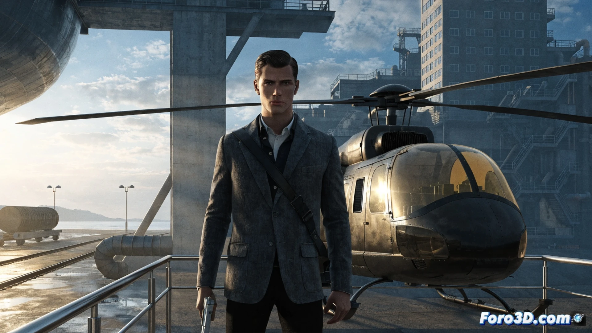 young agent in dark suit aiming Walther PPK at offscreen threat, holographic globe displaying rotating continents behind him, modern sleek laboratory with transparent touchscreens showing DNA helix and circuit board patterns, cinematic action scene, neon blue and amber lighting reflecting on glass surfaces, futuristic espionage equipment scattered on metal table, photorealistic technical illustration, dynamic pose with motion blur on gun barrel, glowing trajectory lines from bullet to target, ultra-detailed fabric textures and weapon mechanics, dramatic shadows and high contrast lighting