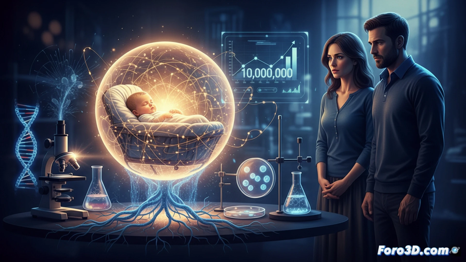 Photorealistic medical research scene: a newborn baby in a sterile incubator, a scientist inserting a tiny sensor patch onto the infant's chest, real-time allergy biomarker data streaming as glowing holographic graphs above a digital tablet, advanced lab equipment with pipettes and petri dishes in background, soft blue clinical lighting, ultra-detailed skin texture, cinematic depth of field, safety monitoring dashboard showing food allergen particles being neutralized, engineering visualization of immune cell interaction on screen